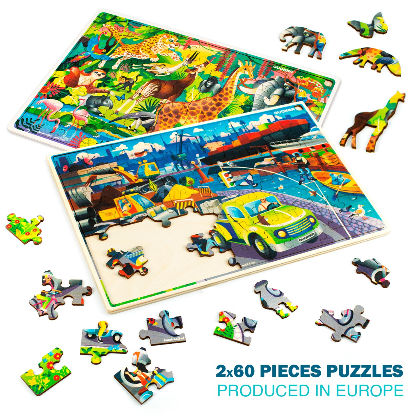 QUOKKA Wooden Kids Puzzles Ages 4-6 &#x2013; 4 x 60 Piece Puzzles for Kids Ages 4-8 &#x2013; Wood Toddler Games for 3-5 Year Olds &#x2013; Cars Ships and Animals Toy for Boys and Girls