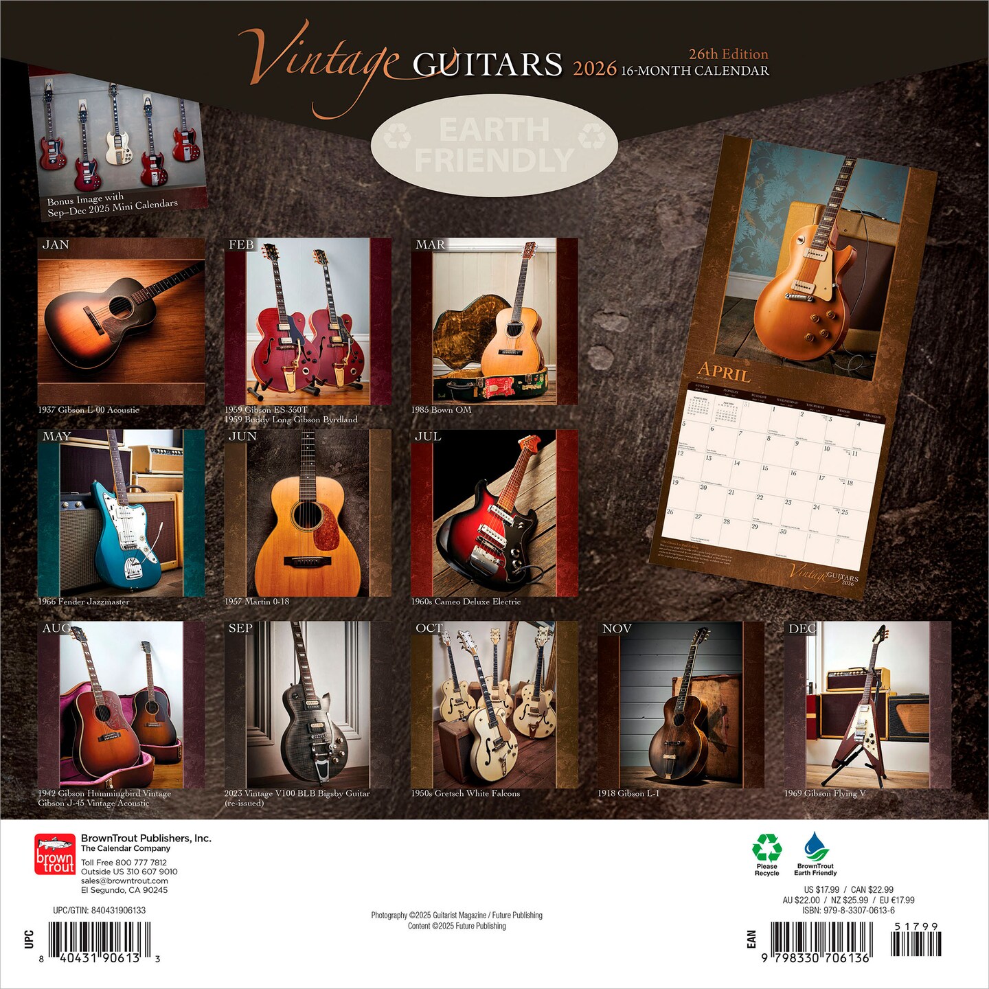 Vintage Guitars | 2026 12 x 24 Inch (Hanging) Monthly Square Wall Calendar | Foil Stamped Cover | Plastic-Free | BrownTrout | Instrument Classic