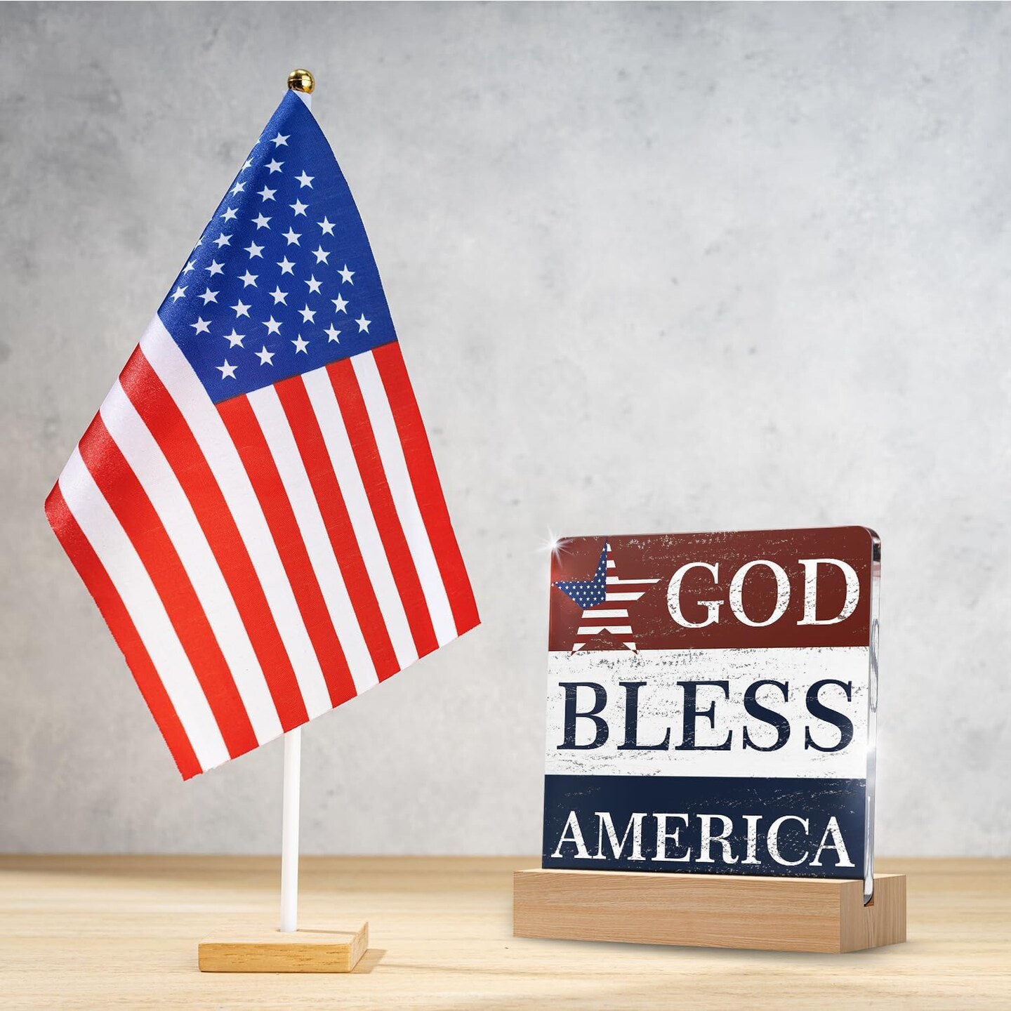 4th of July Patriotic Decorations Gifts for Independence Day Decor, God Bless America Farmhouse Desk Table Decor Acrylic Plaque with Wooden Stand, Memorial Day Red White and Blue Art Decor