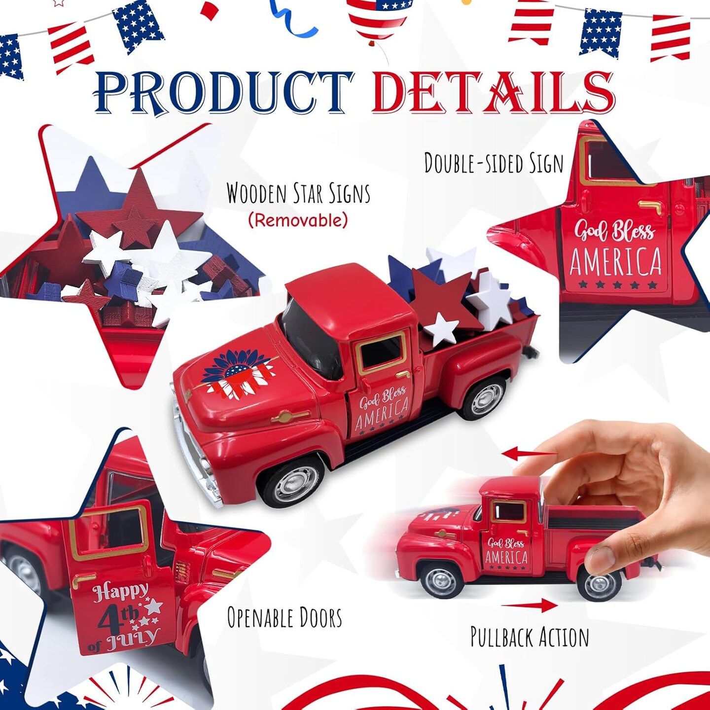 4th of July Decorations Farmhouse Metal Truck with Wooden Stars Sign Fourth of July Decor Patriotic Centerpieces for Tables Independence Day Memorial Day Red White and Blue Tiered Tray Decor for Home