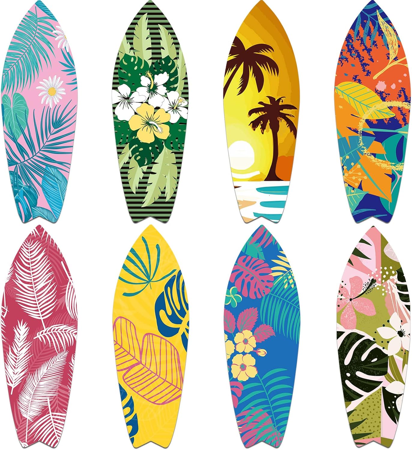 8 Pcs 9 1/2" x 28" Surfboards Cut Out Cardboard Tropical Beach Decorations Surf Board Wall Decoration Hawaiian Party Wall Decor Graphics Surfboard Sign for Summer Pool Surf Party