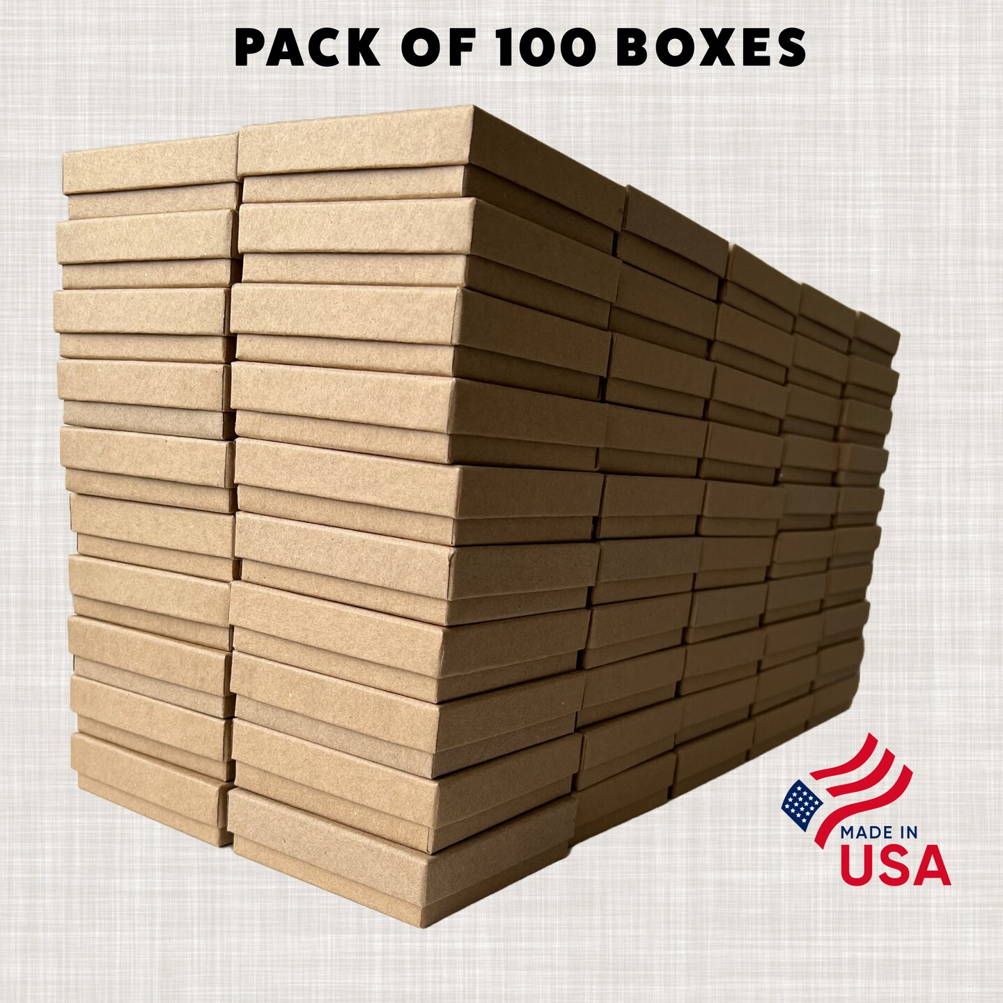 MADE IN USA - 100 Boxes - Natural Kraft Jewelry Boxes with Cotton Filling - 3.5&#x22;x3.5&#x22;x7/8&#x22;