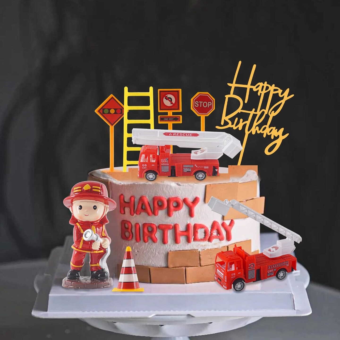 Fire Truck Cake Topper Firefighter Cake Decoration Fireman Themed Happy Birthday Cake Toppers,Truck Firefighter Figurines Cake Topper for Fireman Theme Baby Shower birthday party Decoration(10PCS)