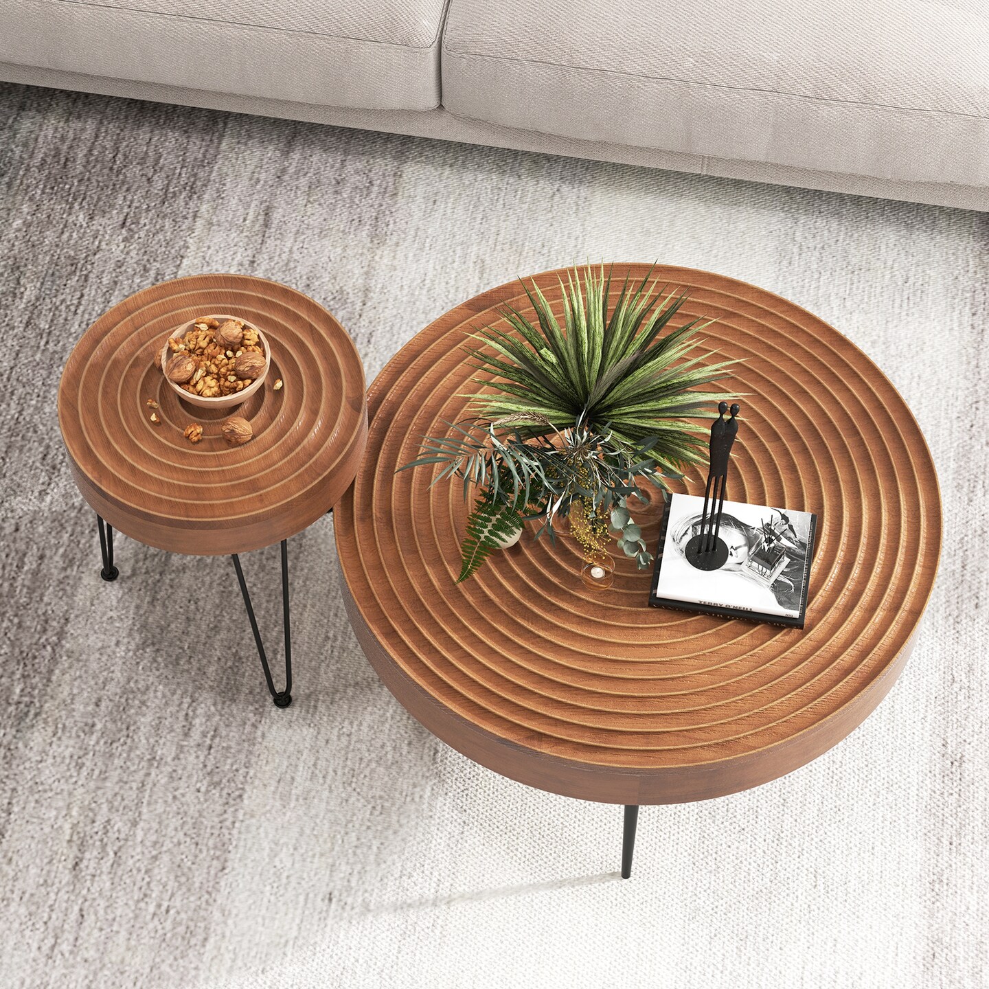 Nesting Coffee Tables Set of 2 Round Wood Top for Living Room