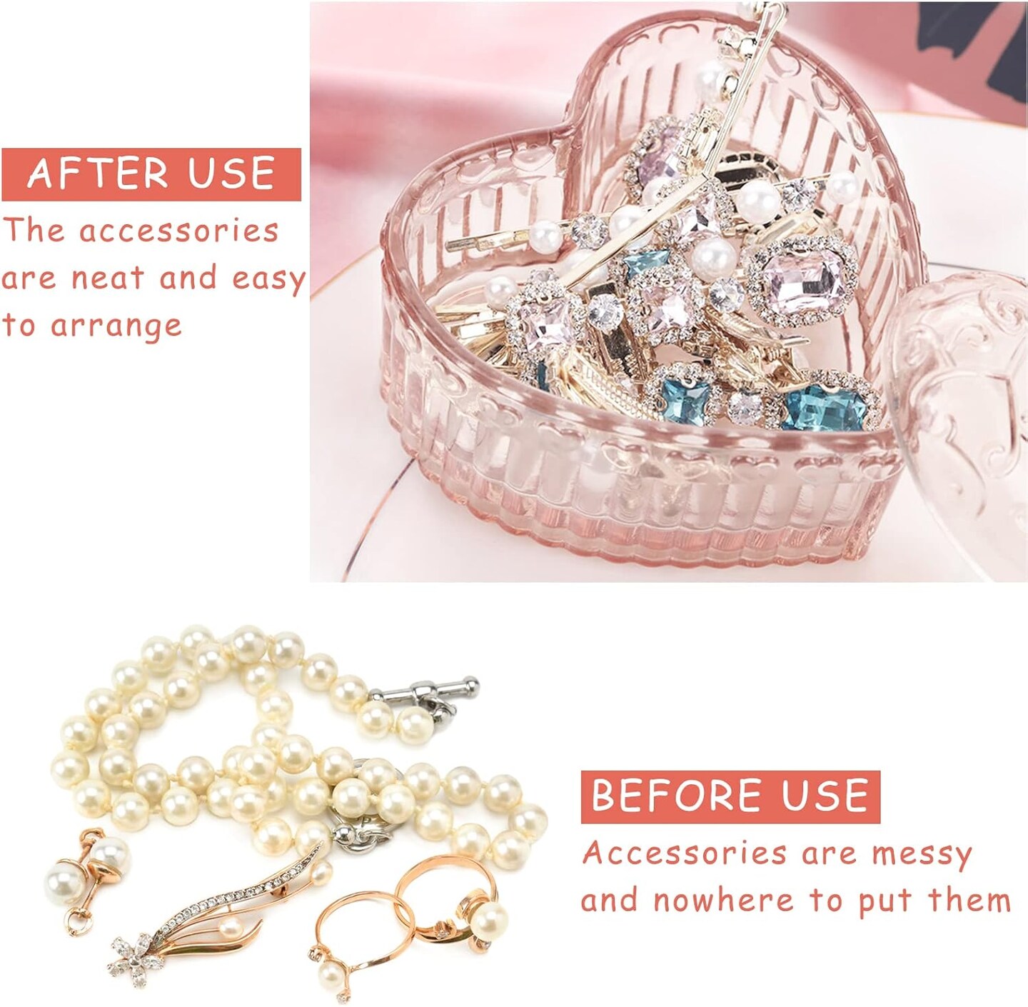 Glass Jewelry Box Heart Shape Cute Box for Storage Ring Earring Trinket Vintage Jewelry Organizer Decorative Gift for Women Girls-GRB003-Pink