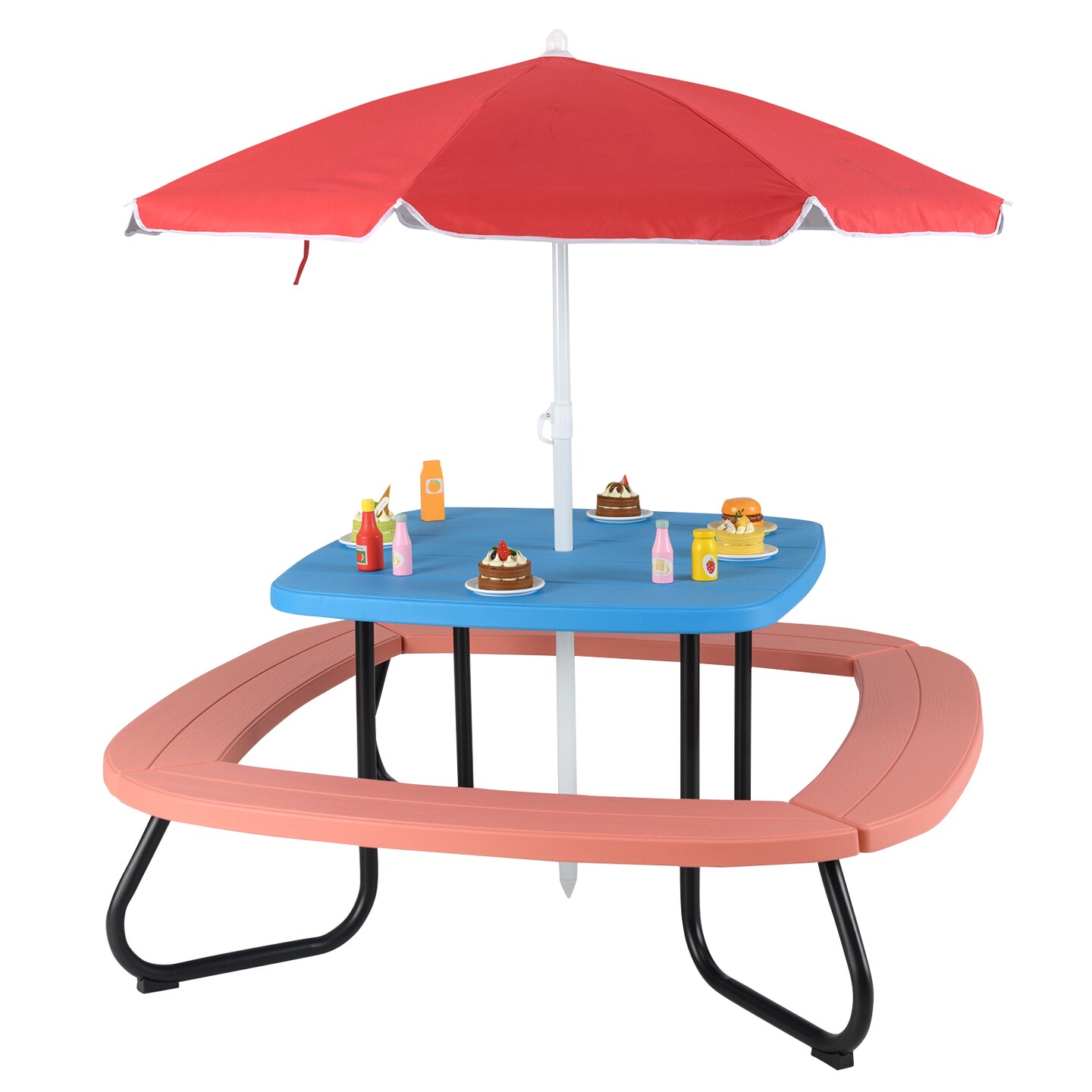 Kids Outdoor Play Table with Collapsible Umbrella and Heavy-Duty Metal Frame