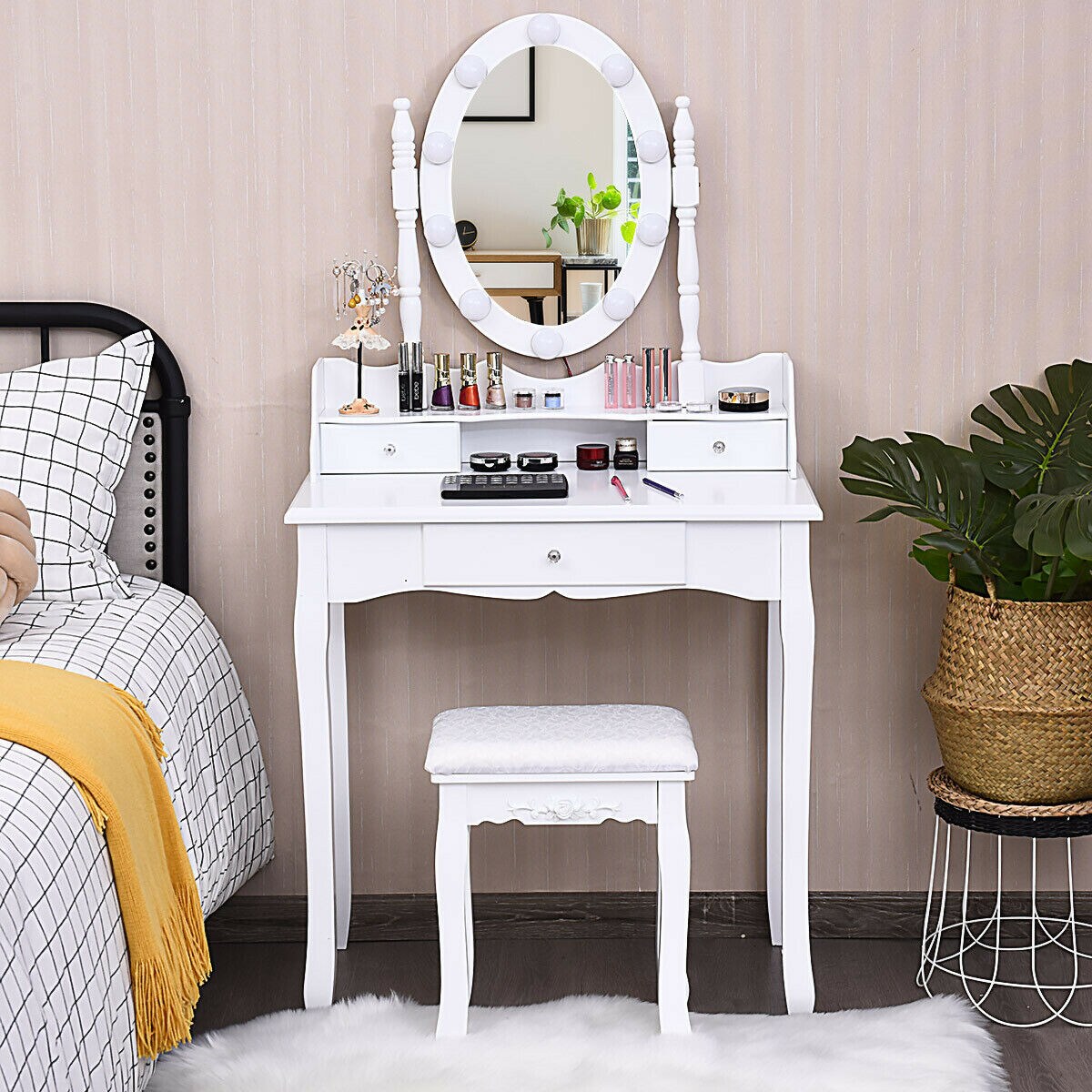 Modern White 3 Drawers Vanity Table with LED Mirror and Cushioned Stool Dressing Table for Girls