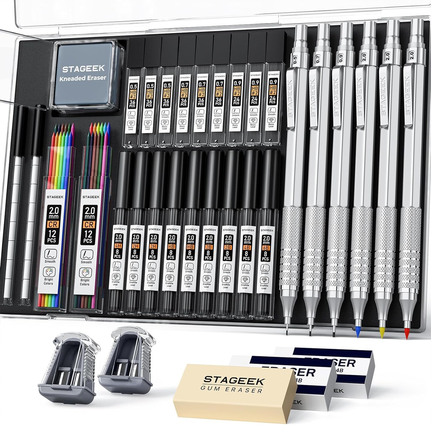 35-Piece Premium Art & Mechanical Pencil Set with Case – 0.5/0.7/0.9/2.0mm Graphite & Colored Leads, Erasers, Sharpeners – Ideal for Sketching, Writing, Drafting, and School Supplies (silver)