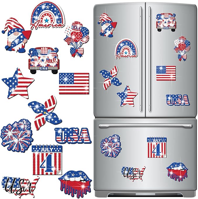 12 Pcs Refrigerator Diamond Painting Magnets Easy Diamond Art Painting Magnetic Stickers Kits Fridge Magnets for Adults DIY Home Decors(American Flag)