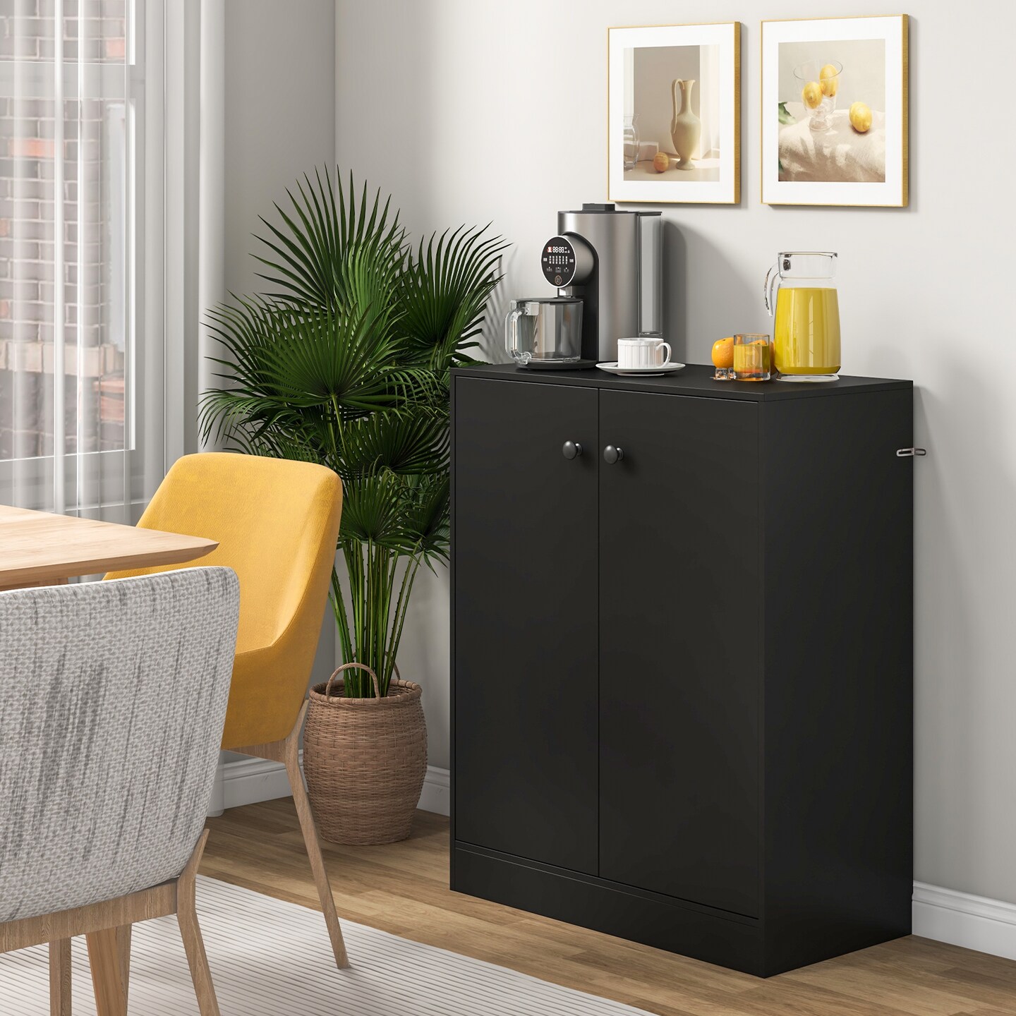 Contemporary 3-Tier Modern Black MDF Side Cabinet with Adjustable Shelves and 2 Closed Doors
