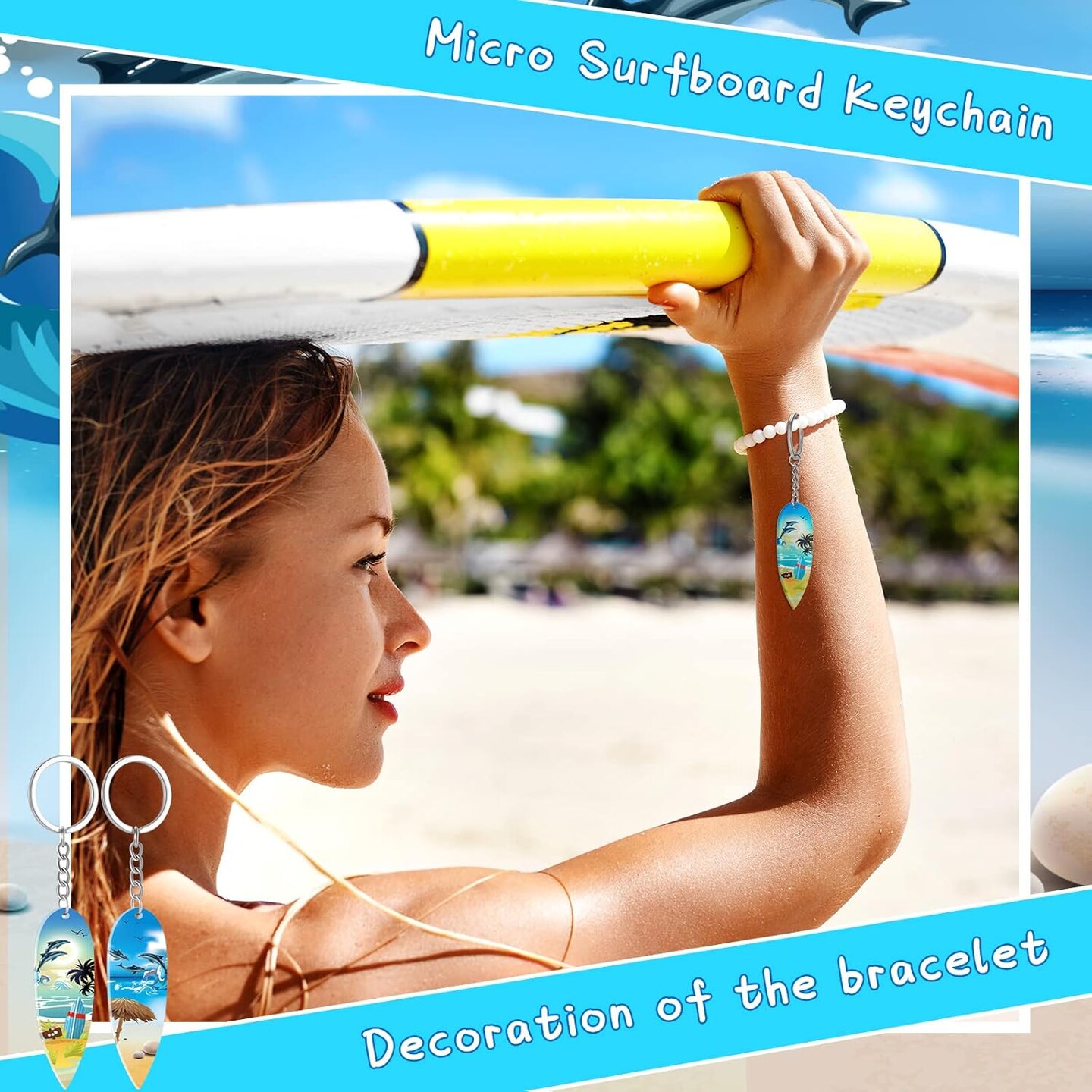 48 Pcs Beach Summer Party Favors Surfboard Keychains Toy Gifts Bulk Acrylic Mini Surfboard Sea Turtle Coconut Tree Key Chains for Florida California Hawaiian Bahamas Souvenirs Supplies