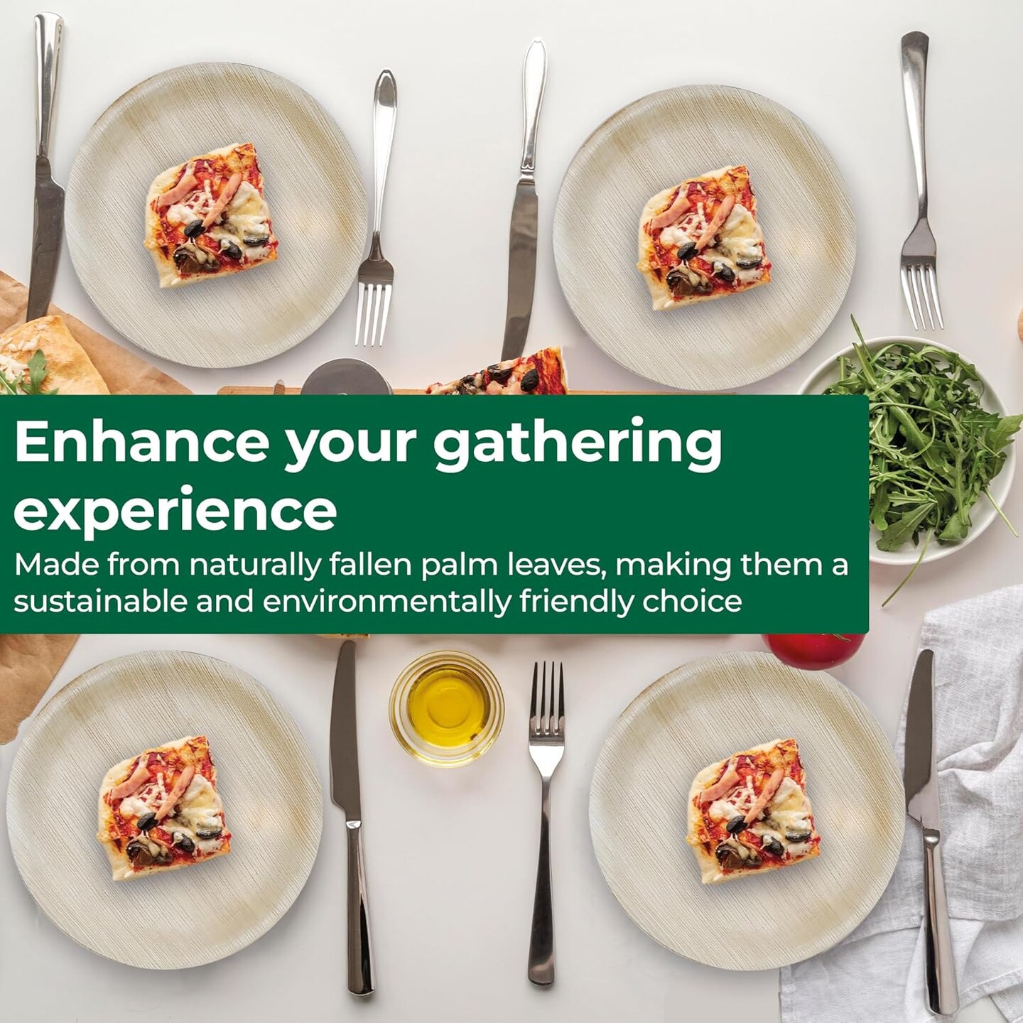 Palm Leaf Disposable Plates - Bamboo Plates Disposable 7 & 10 Inch Round (50pc) - 100% Compostable & Biodegradable Plates with Cutlery (25 Forks, 25 Knives) - Heavy-Duty, Party Dinnerware Set