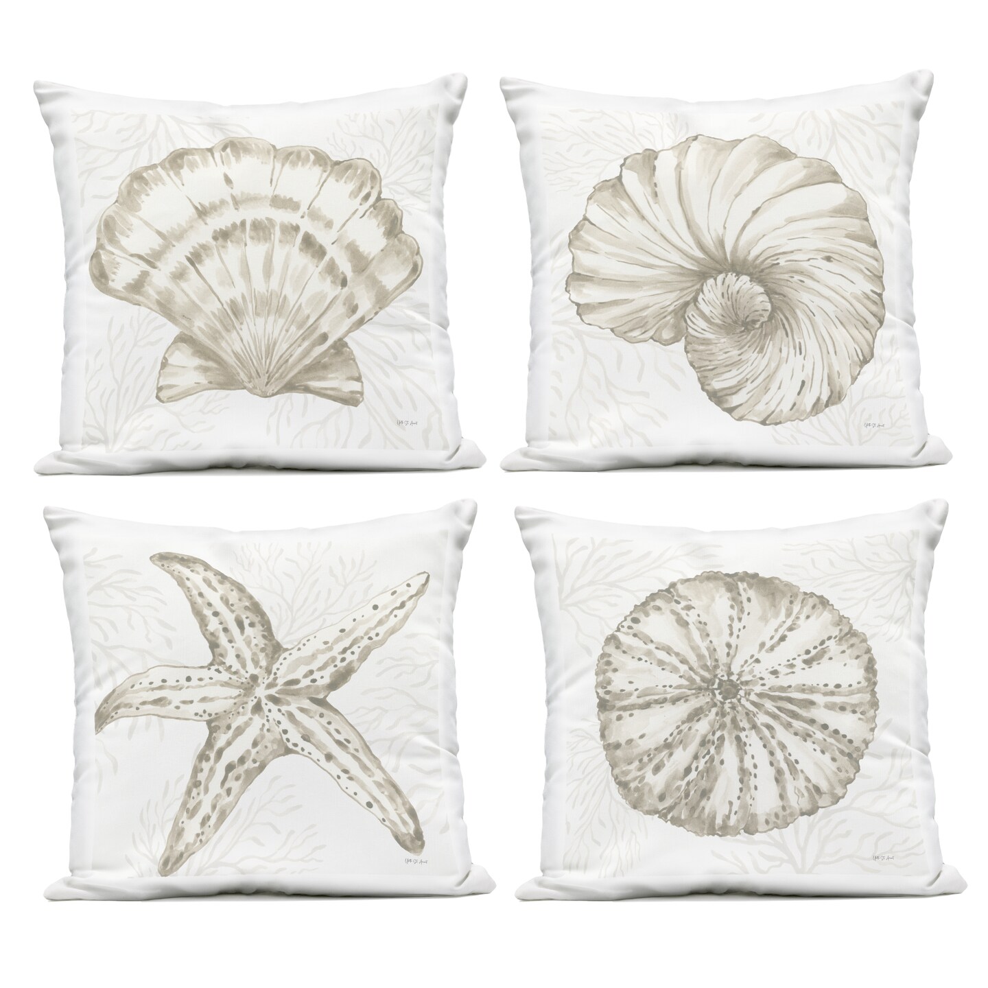 Stupell Industries Neutral Coastal Reef Shells 4 Piece Outdoor Printed Pillow Set, design by Yvette St. Amant, 18 x 7 x 18