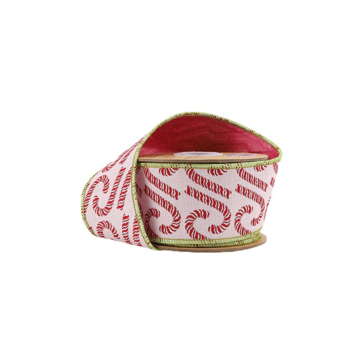 LaRibbons 4&#x22; - 2 1/2&#x22; Wired Jacquard Ribbon | Candy Cane on Pink w/ Dupioni Backing | 5 Yard Roll