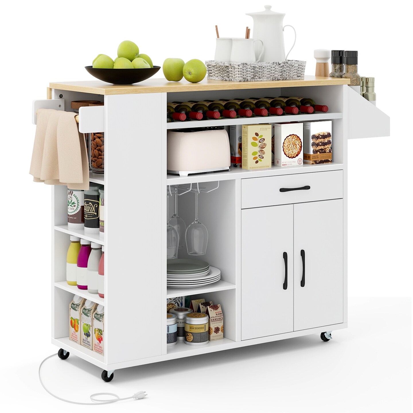 Rolling Kitchen Island Cart Wine Rack with Power Outlet, Drop Leaf Drawer and Storage Shelves