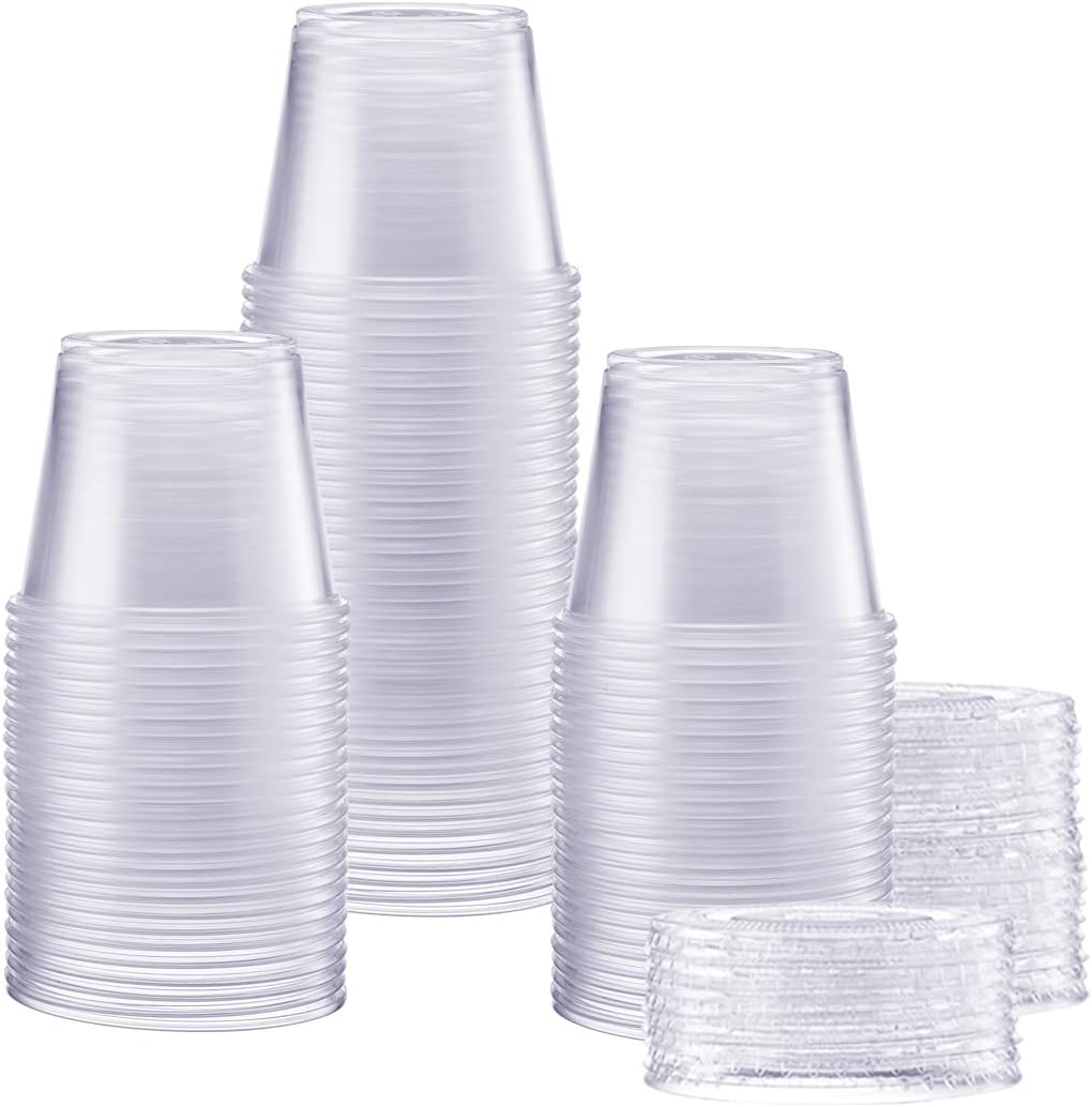 5.5 oz. - 100 Count Clear Disposable Plastic Portion Cups with Lids - Souffl&#xE9; Cups,Shot Cups With Lids, Clear Plastic Containers Perfect for salad Dressing and More