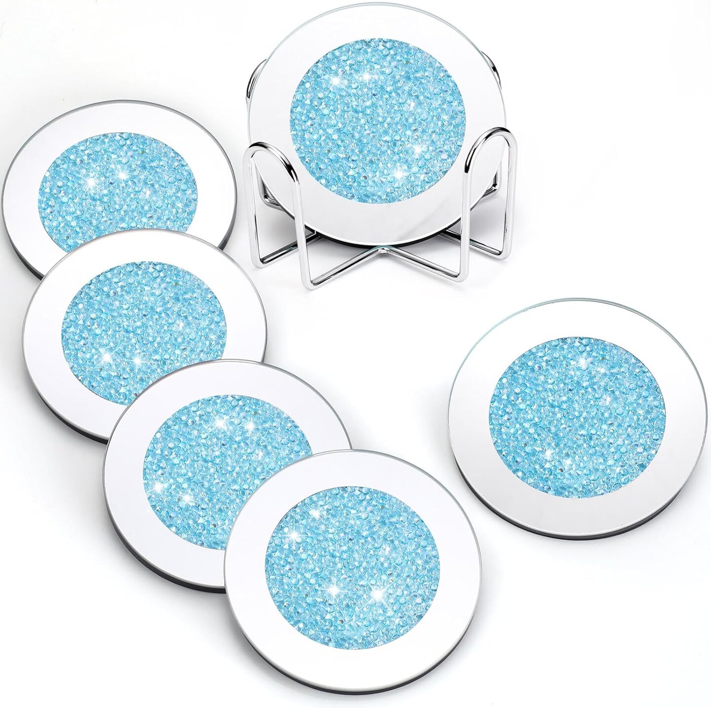 Crushed Diamond Decor Glass Coaster Coasters Set of 6 with 1 Holder, Crystal Mirrored Coasters Glitter Crushed Diamond Decoration Rhinestone Decor for Kitchen Bar Home(Navy Blue)