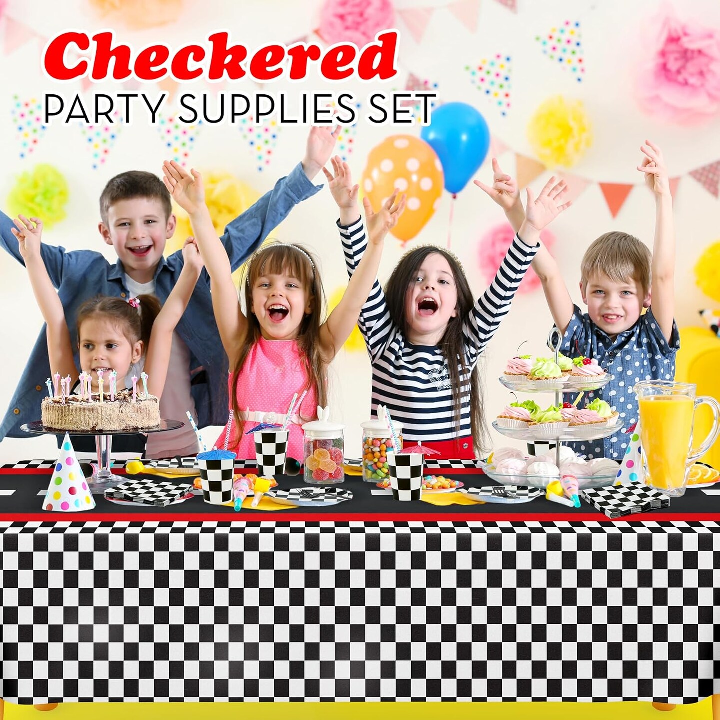 4E&#x27;s Novelty 24 Pcs Checkered Party Supplies and Accessories like Checkered Flag Plates, Checkered Paper Cups, Checkered Flag Napkins, Cutlery - Race Car Party Plates For Different Special Occasions