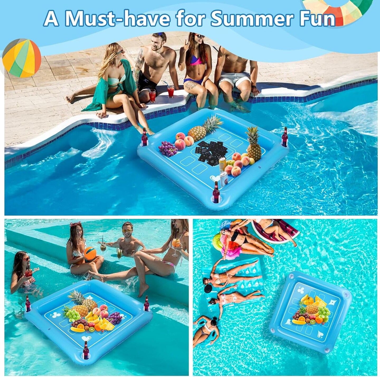 Floating Game Table for Pool - 40&#x22;x40&#x22; Inflatable Floating Table for Pool with Waterproof Playing Cards, Large Pool Float Drinking Table, Pool Float Drinks Tub Tray for Outdoor Summer Beach Party