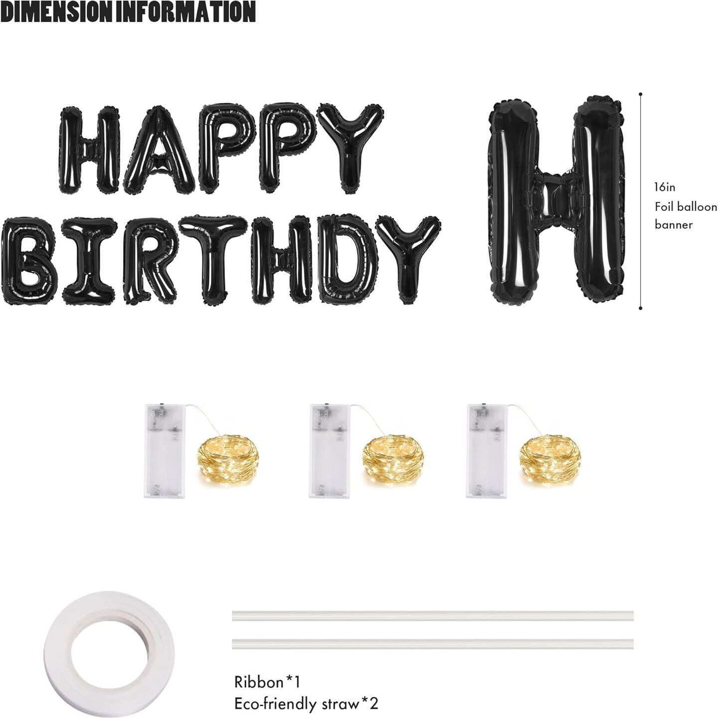 Happy Birthday Banner 13pcs 16 Inch Mylar Foil Letters Sign Balloons with LED Lights Birthday Party Decorations for Kids and Adults - 3D Black