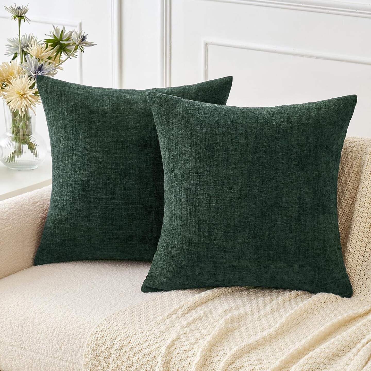Pack of 2 Green Throw Pillow Covers 18x18 Inch Soft Chenille Pillow Covers for Sofa Living Room Couch Solid Dyed Cases