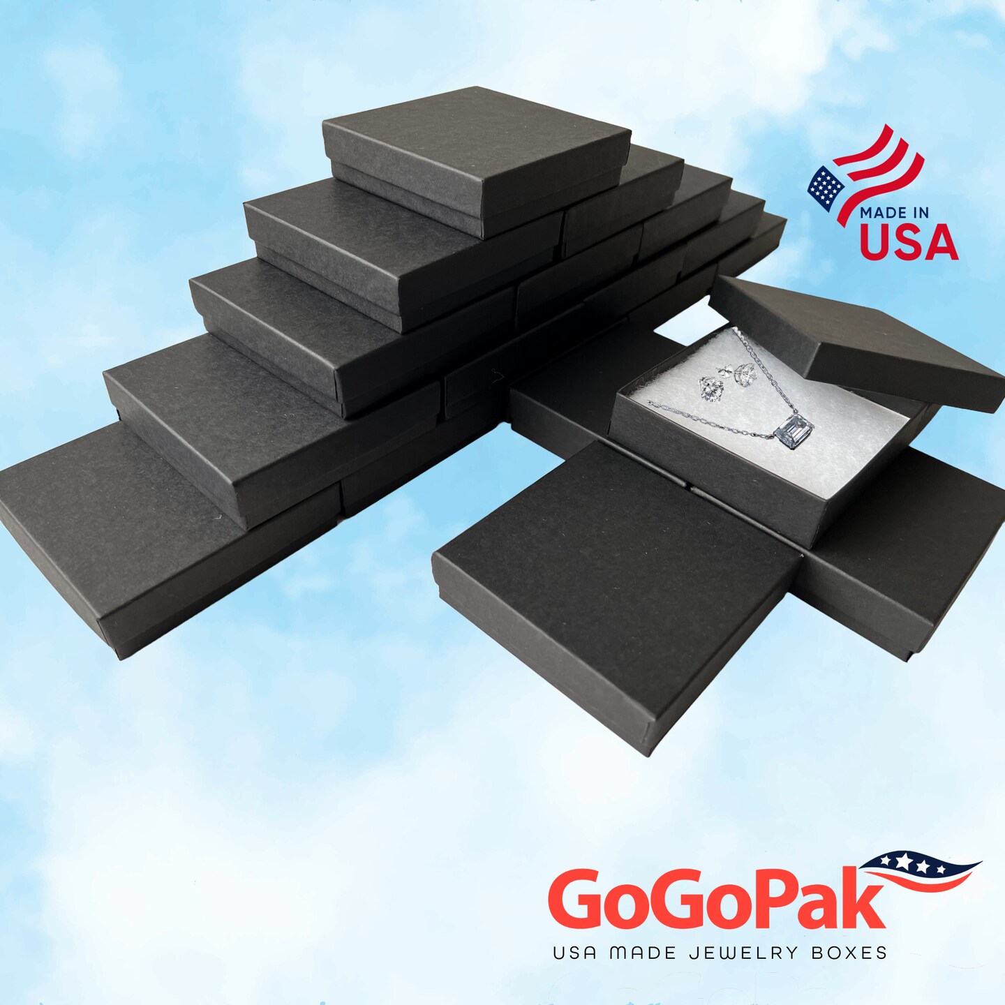 MADE IN USA - 20 Boxes - Matte Black Jewelry Boxes with Cotton Filling - 3.5"x3.5"x7/8"