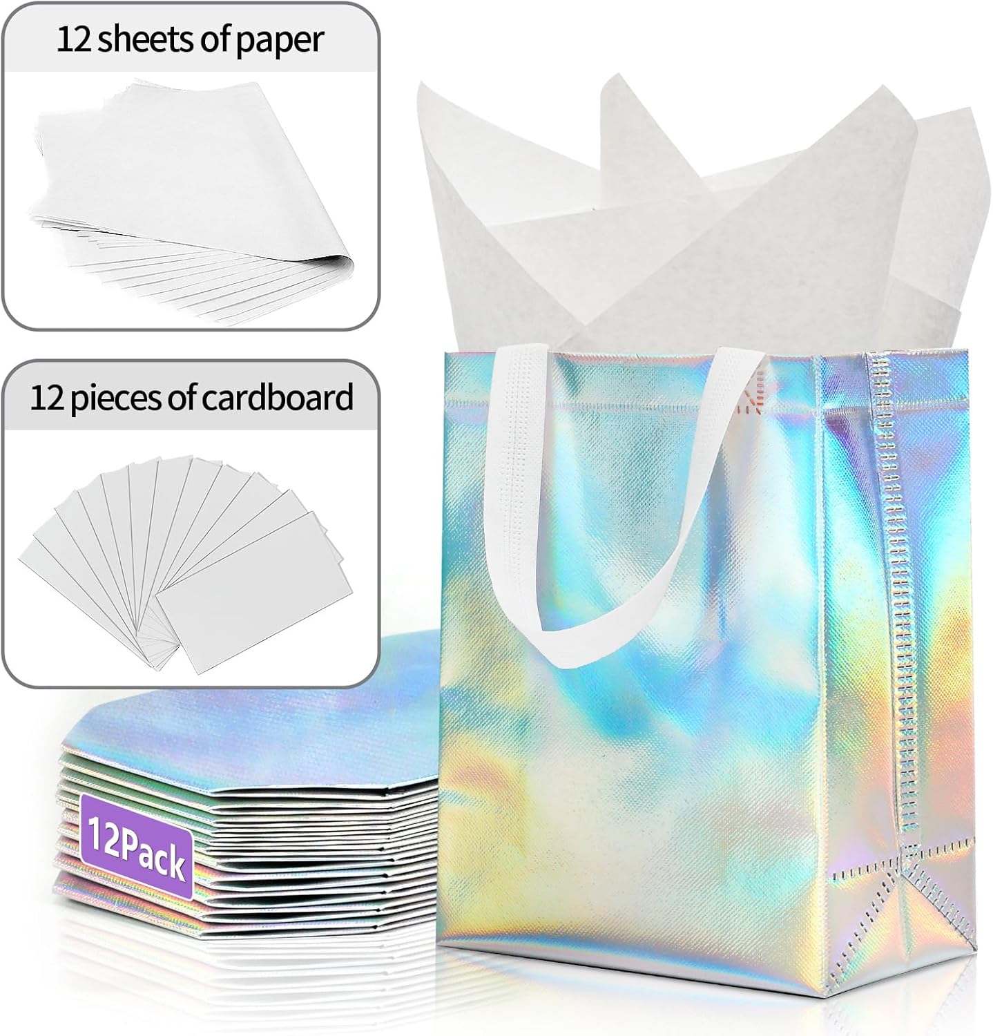 12pcs Reusable Gift Bags(Includes Tissue Paper) Gift bag with handle Birthdays Parties Holidays Weddings Medium 10x4x8in holographic Gift Bags