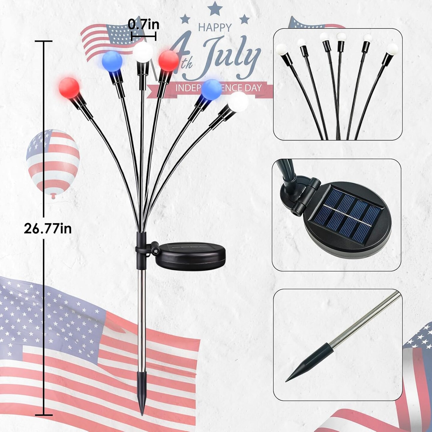 4pack Solar American Flag Lights - 4th of July Solar Garden Outdoor Waterproof Firefly Light for Memory Day, Independence Day, National Day Decoration (Red White Blue)