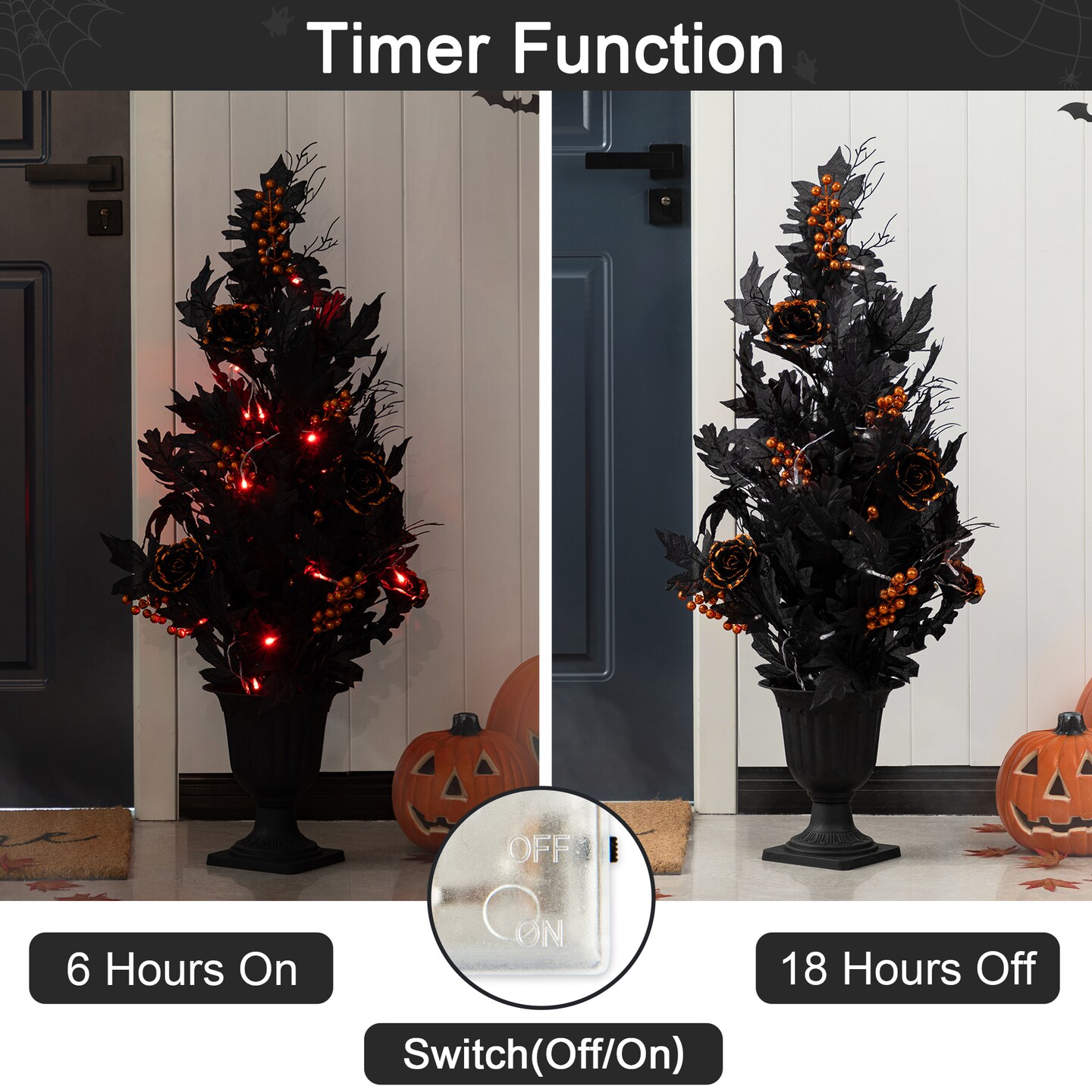 Halloween Lighted Black Rose with Orange Glitter Urn Porch Trees and Wreath/Teardrop Set