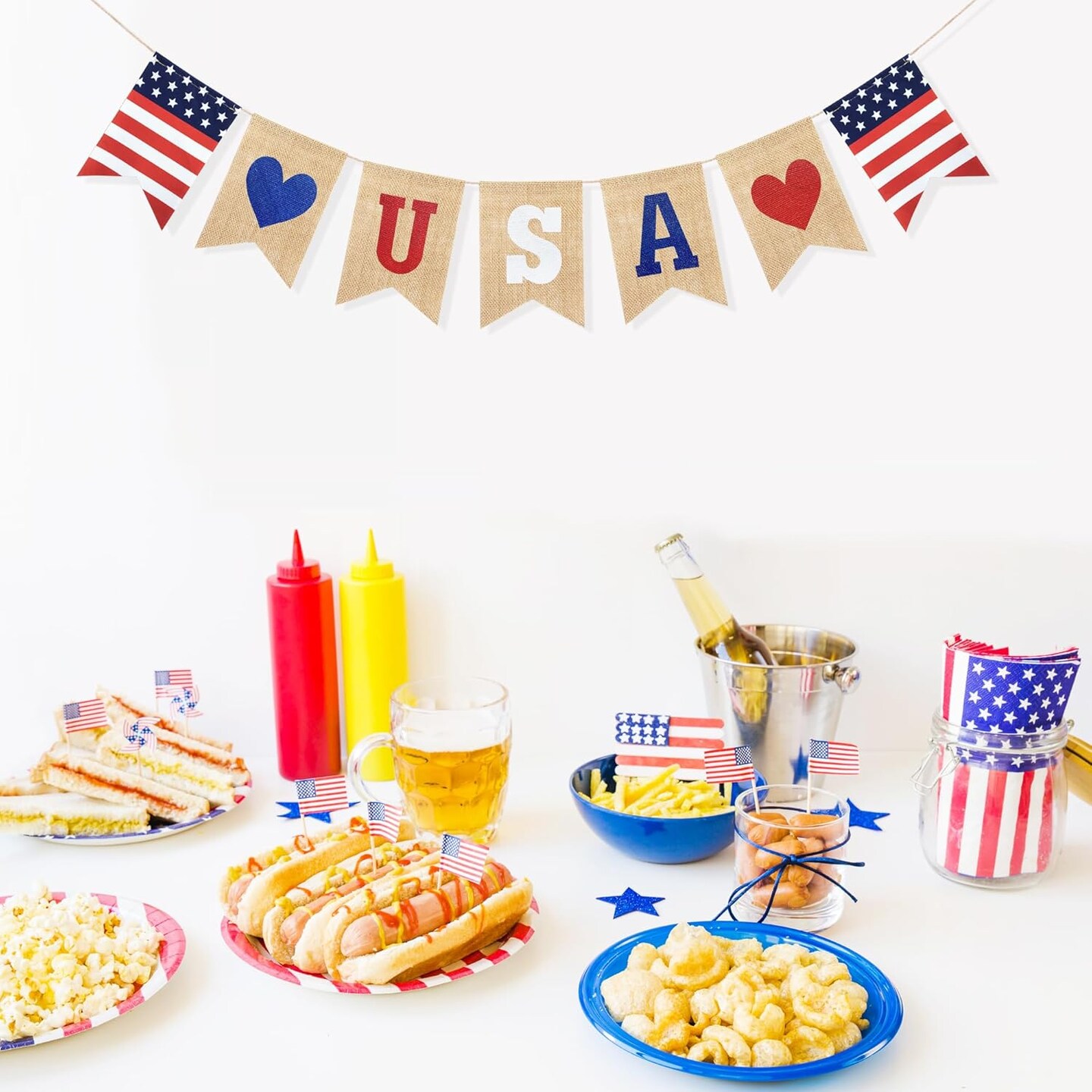 USA Burlap Banner – 4th of July Red, White & Blue Bunting for Independence Day Party Decor