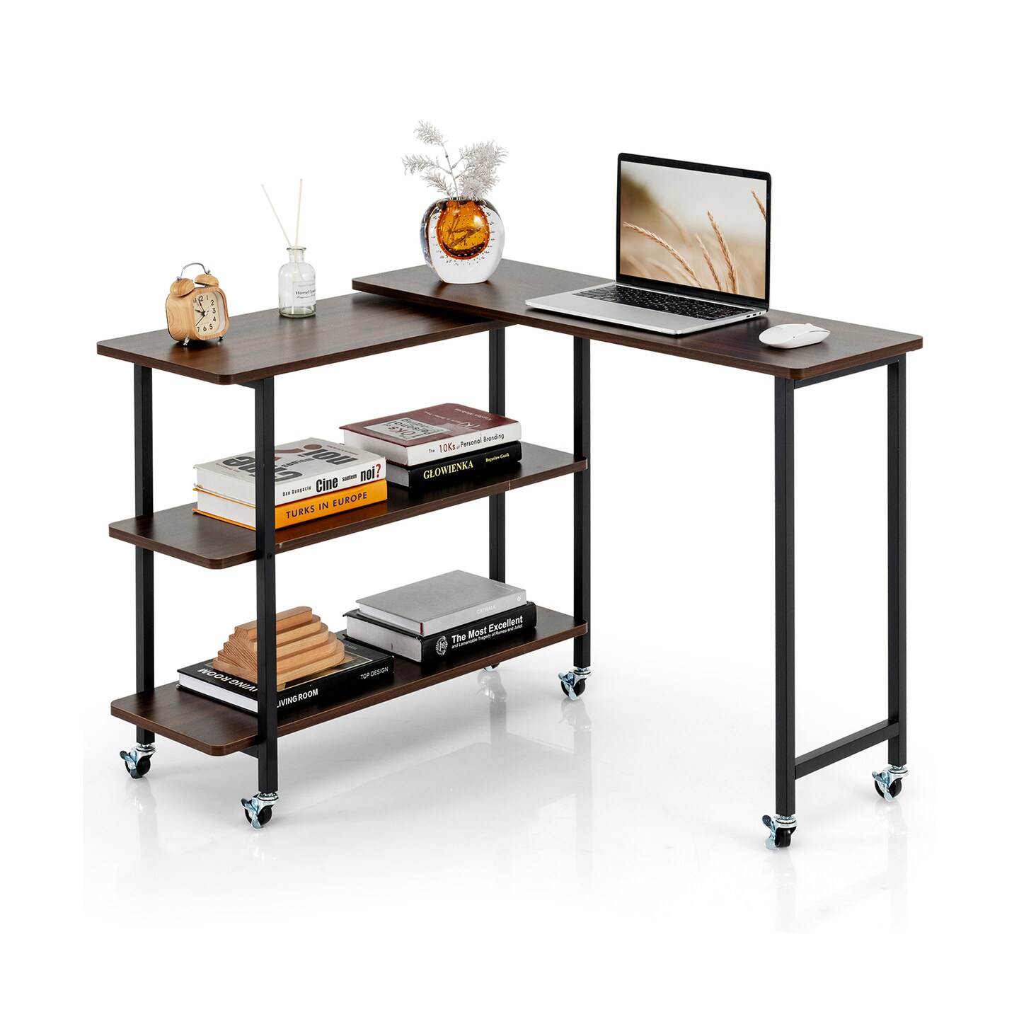 Space-Saving Sofa Side Table with Rotating Top 2 Open Shelves and 6 Locking Casters for Home Office