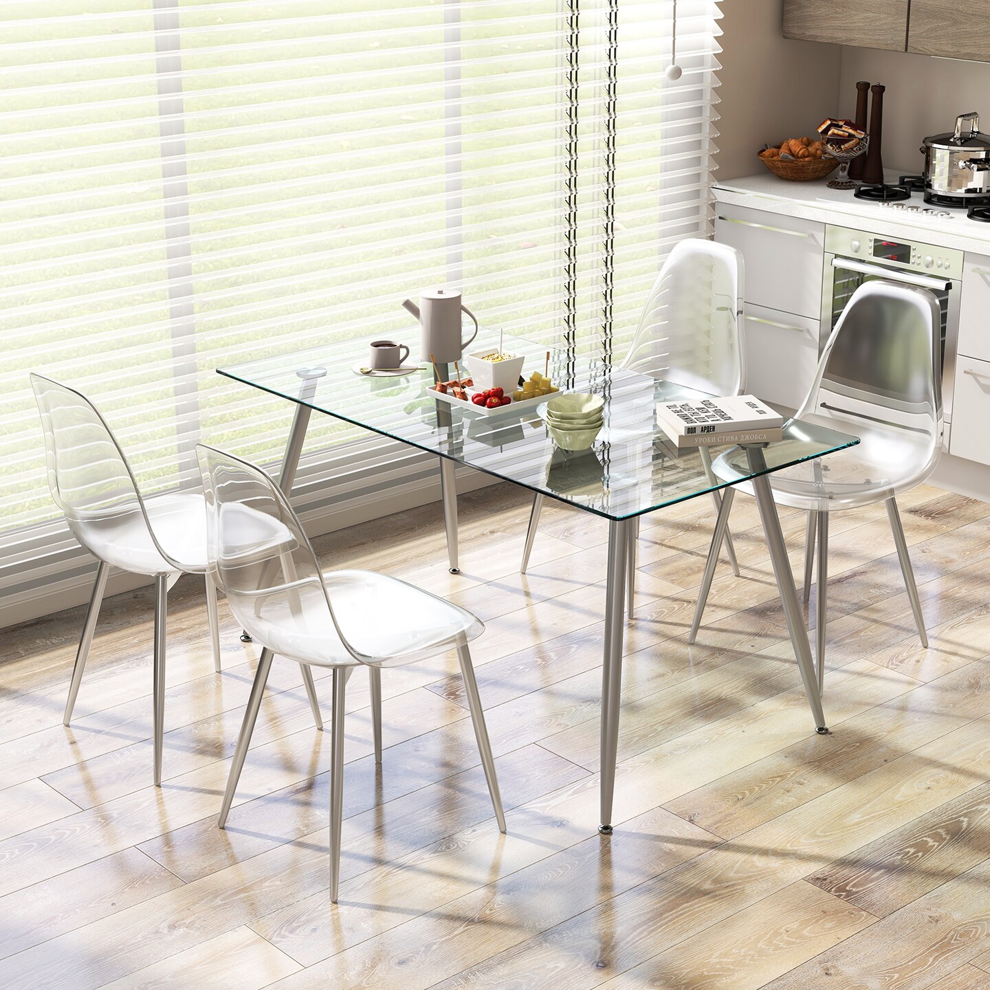 Set of 4 Clear Side Chairs with Curved Backrest and Reinforced Steel Frame for Dining Room