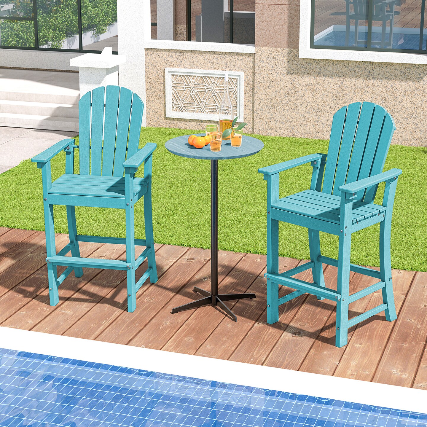30” HDPE Tall Adirondack Bar Chair with Slatted Seat and Backrest, Footrest Support for Outdoor