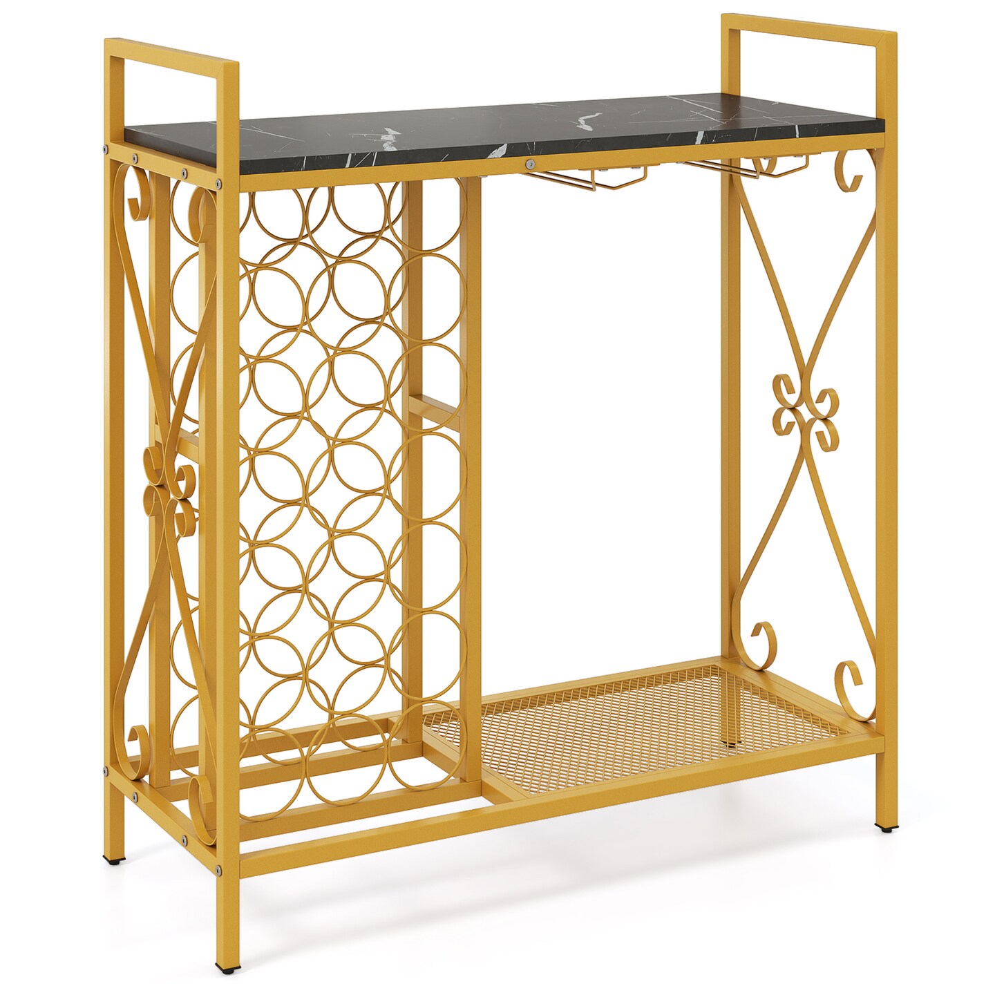 Stylish 21-Bottle Wine Rack with Black Wooden Countertop Golden Metal Frame Glass Holders and Shelf