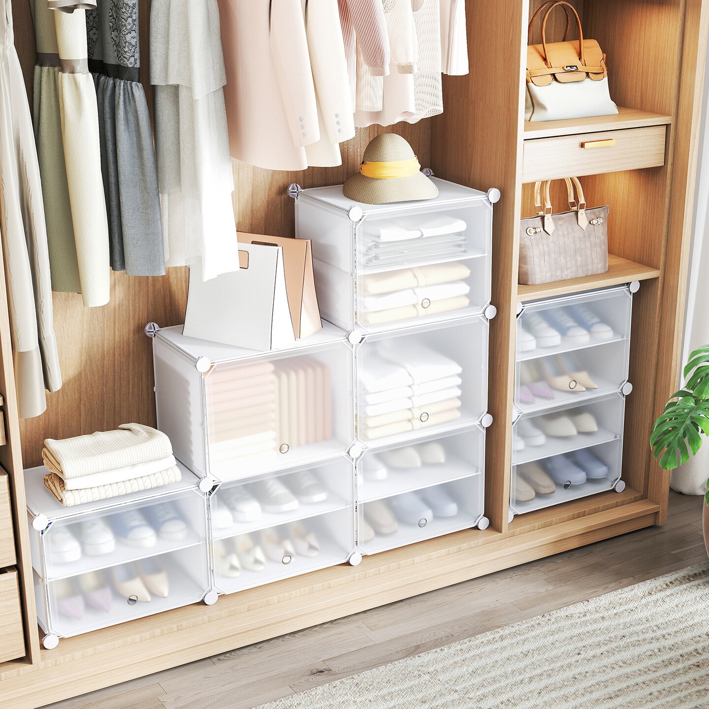 White Steel 12-Cube Modular Shoe Shelves Cabinet with Hooks and Dust-Proof Doors