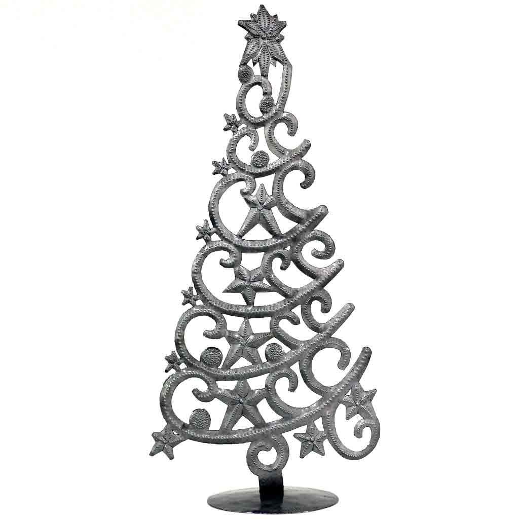 14 Inch Metallic Steel Tabletop Christmas Festive Tree with Detailed Star Swirling Design