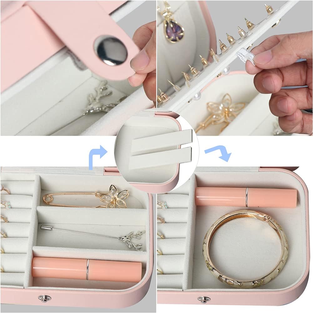 Travel Jewelry Box, Small Jewelry Organizer Boxes for Women Girls, 2 Layer Travel Jewlery Case, PU Leather Mini Portable Jewerly Storage Display Holder for Earrings, Ring, Necklaces, Bracelets - Pink