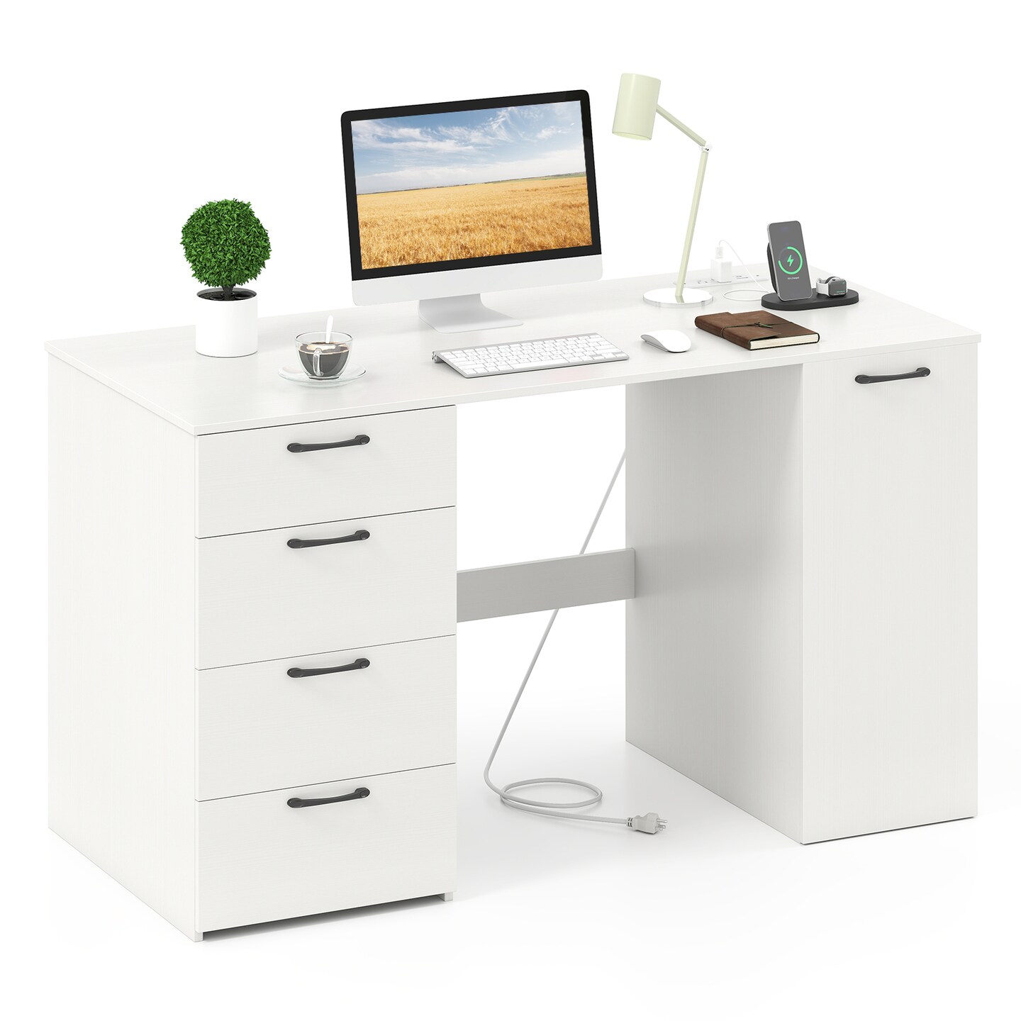 Computer Desk with Drawers, Cabinet and Charging Ports for Home Office