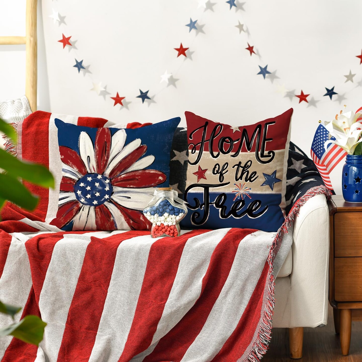 Let Freedom Ring Stars Fireworks Red White Flower Throw Pillow Covers, 18 x 18 Inch 4th of July Patriotic Independence Memorial Day USA Flag Cushion Case for Sofa Couch Set of 4