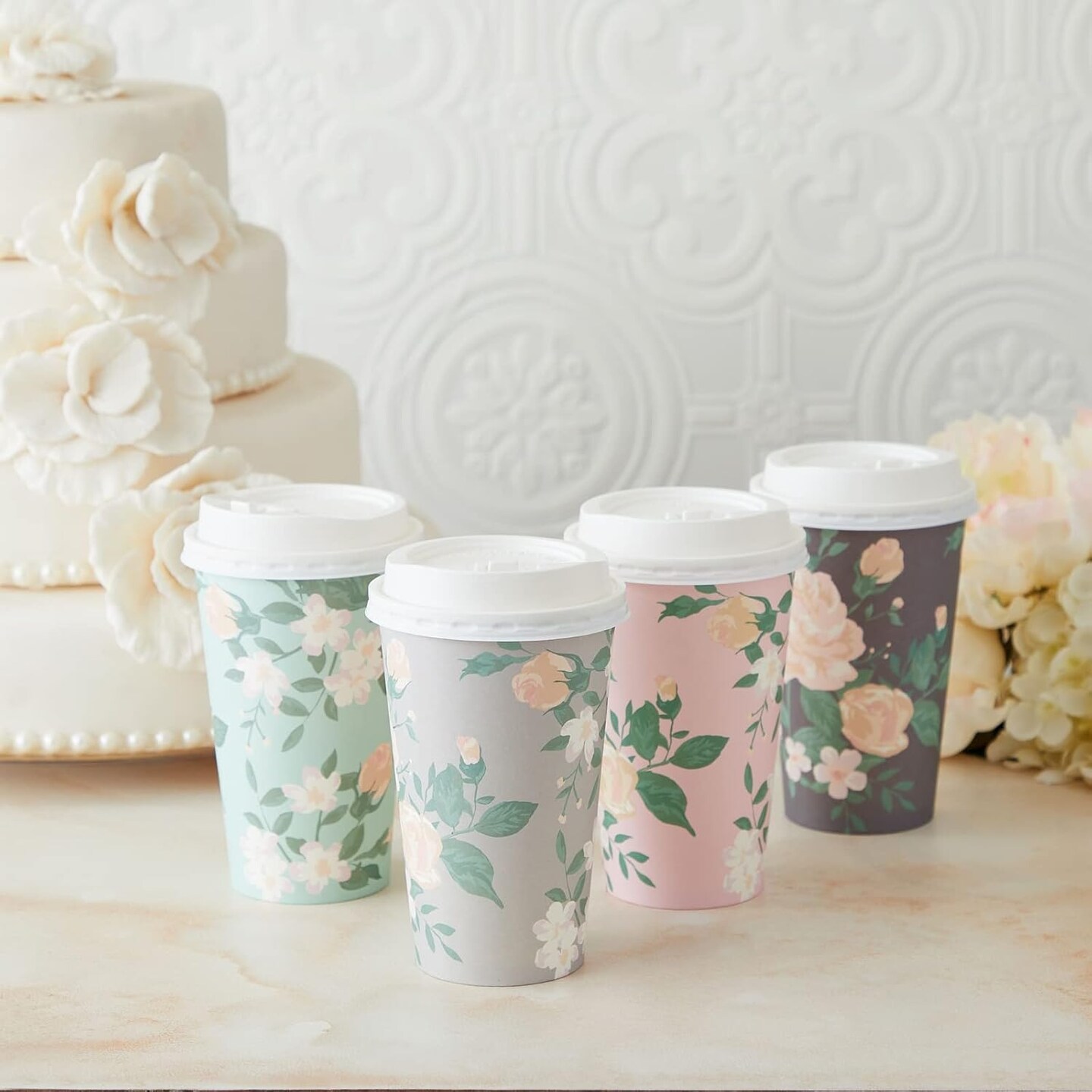 4 Pastel Designs 24 Pack Floral Paper Coffee Cups with Lids - Disposable To-Go Drinkware for Birthday Parties, Wedding Receptions, and Baby Showers - Coffee Cup 16 Oz