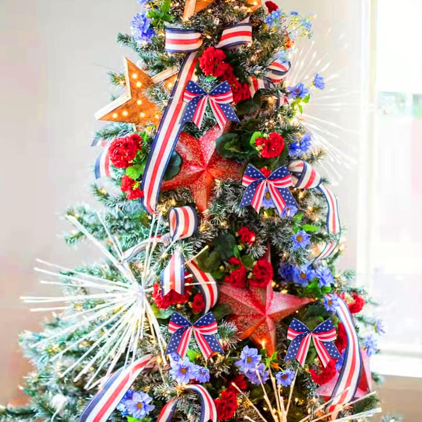 12 Pcs Patriotic Tree Bows Decorations,6 Inch 4th of July Ornaments for Tree Front Door Independence Day Memorial Day Veteran's Day Outdoor Red Blue White Decor