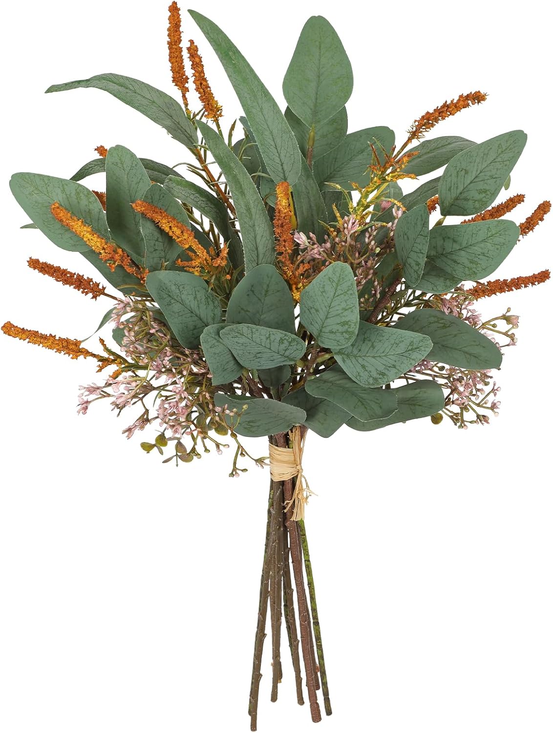 Fall Artificial Eucalyptus Bouquet with Orange Sage Leaves – 18.9" Autumn Faux Greenery Bush with Raffia Wrap for Farmhouse Decor, Thanksgiving, Table Centerpieces & Seasonal Home Styling