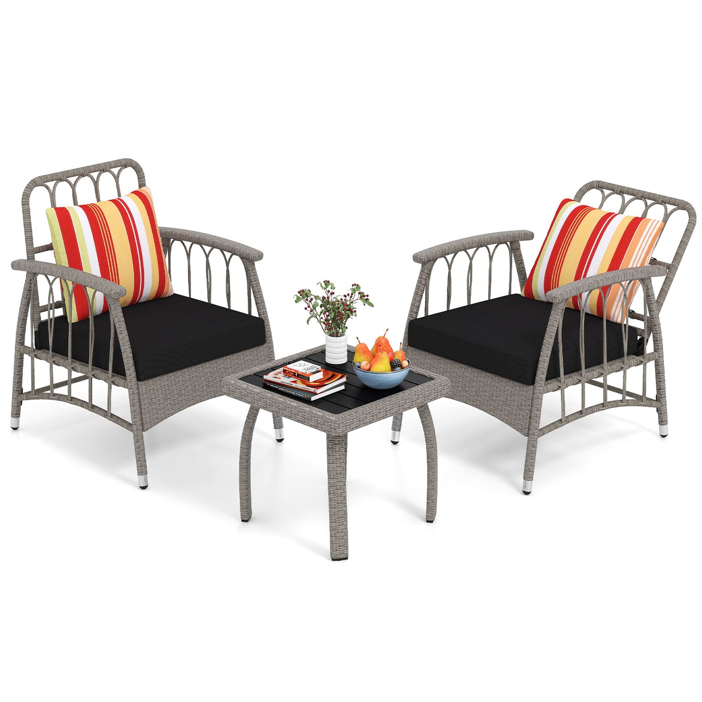 3-Piece Outdoor Patio Set Reclining PE Rattan Chairs with Cushions &#x26; Coffee Table, Adjustable Backrests, Mix Gray
