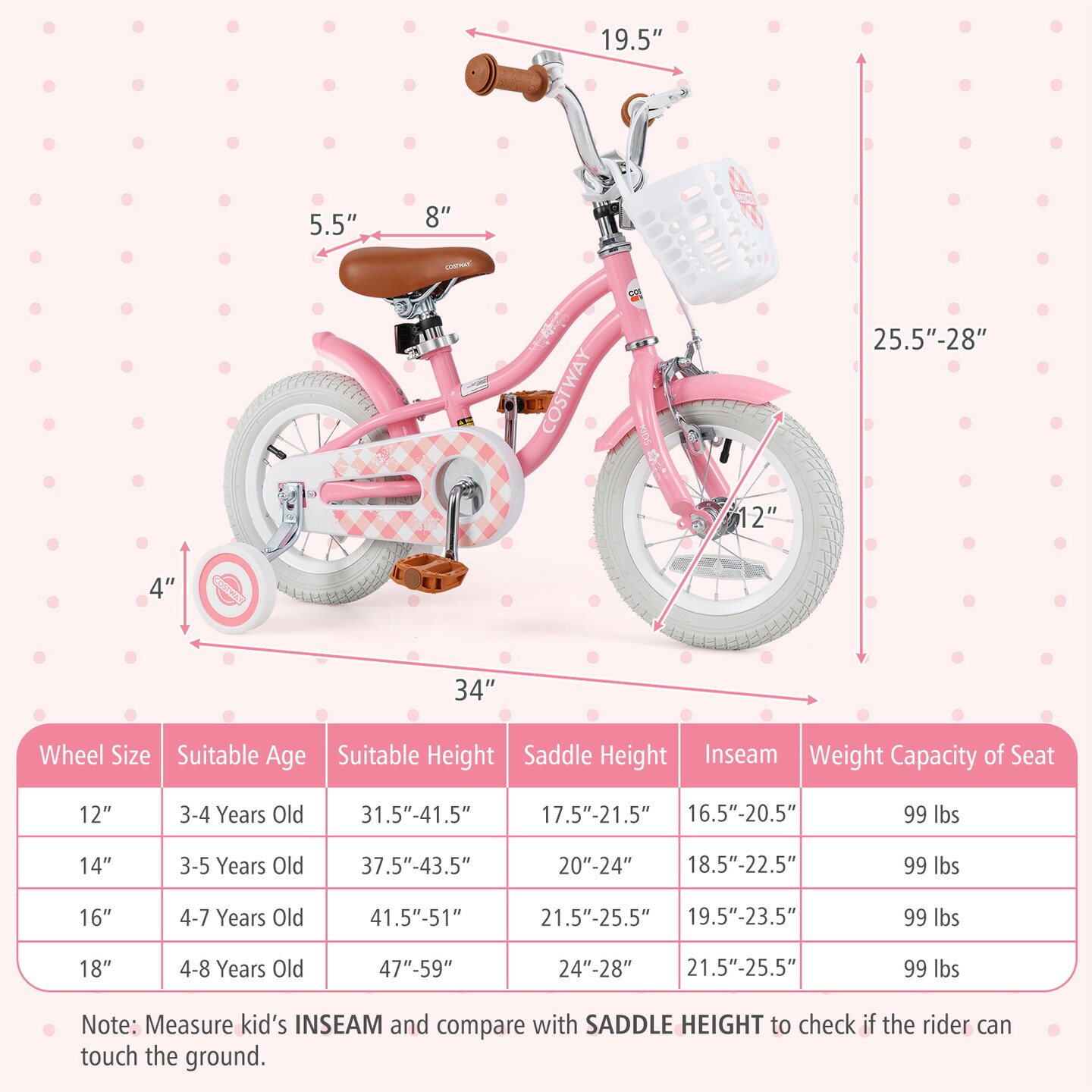 Adjustable Kids Bike with Basket Training Wheels for Boys and Girls