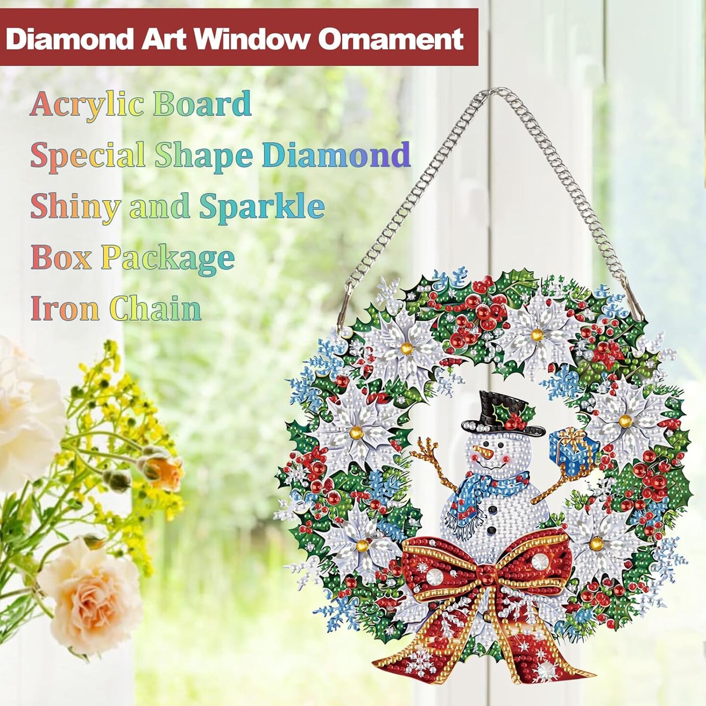 Christmas Diamond Painting Hanging Ornament, 5D Special Shape Snowman Wreath Diamond Art, Crafts for Adults DIY Gem Art, Acrylic Home Garden Decor Wall Art with Chain, Box Kit, 7.87x7.87inch