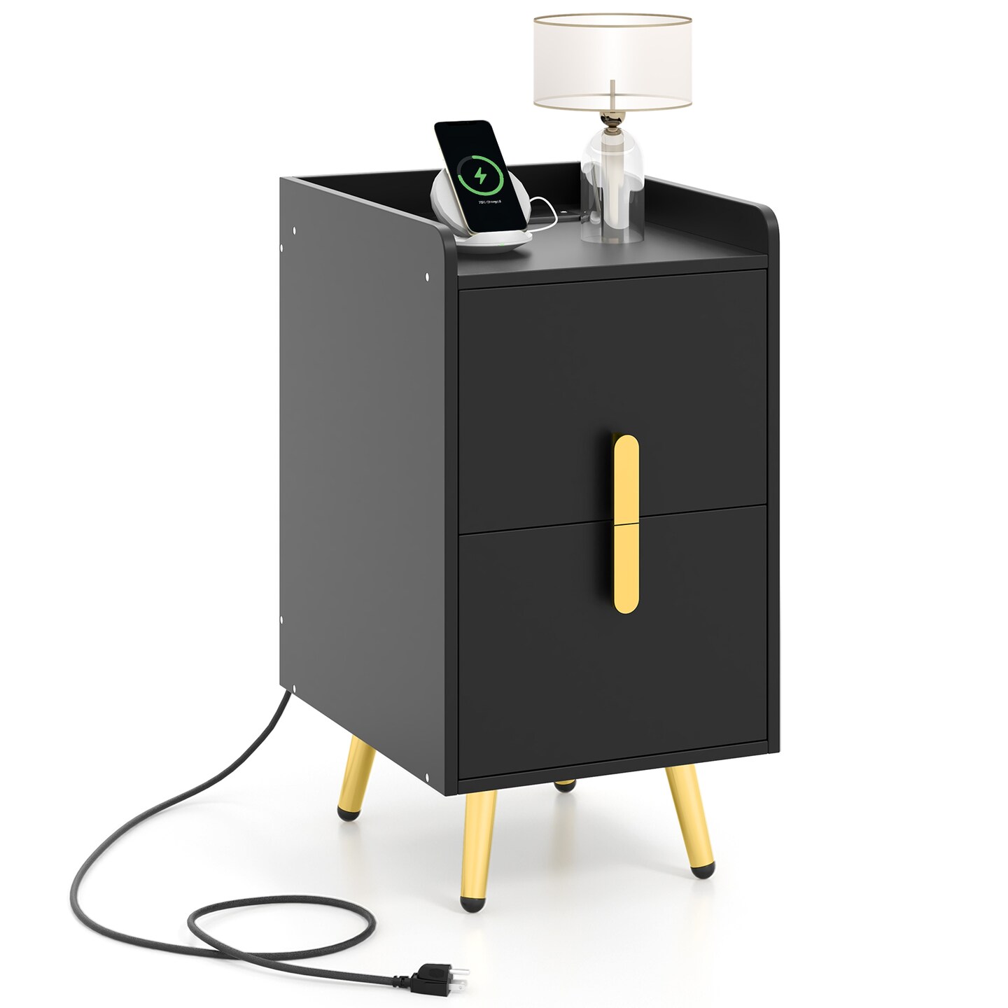 End Table Nightstand with Built-In Charging Station 2 USB Ports and 3 AC Outlets Drawers for Bedroom Office
