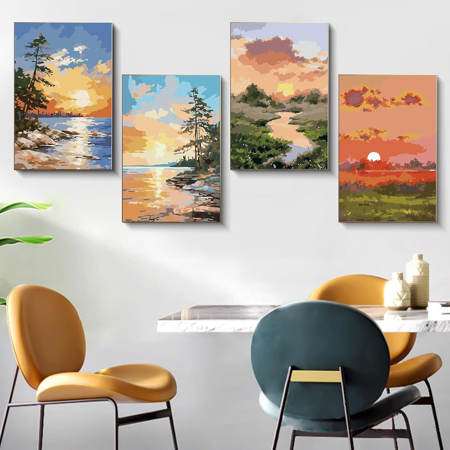 4 pack Sunrise and Sunset Landscape Paint by Number Kit with Frame