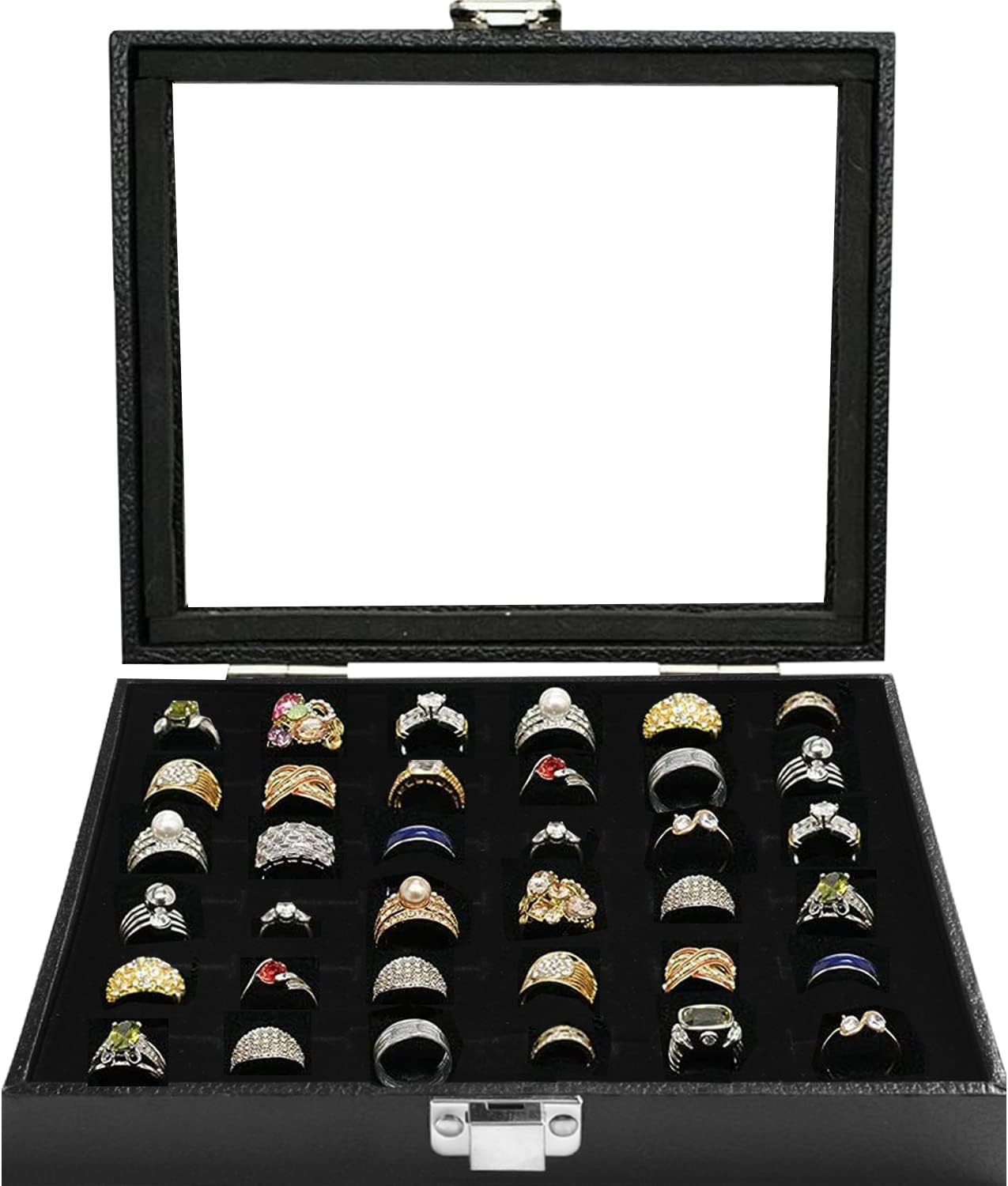 Ring Jewelry Organizer Box – 36 Slot Black Velvet Ring & Earring Display Case with Glass Lid, PU Leather Jewelry Storage Tray, Gift for Women & Girls