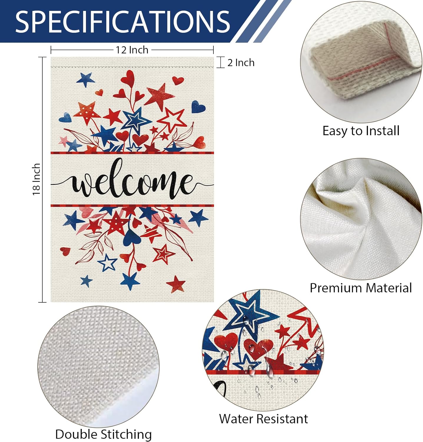 Welcome 4th of July Patriotic Garden Flag 12x18 Double Sided Burlap, Memorial Day Star Heart Pattern Yard Flags for Rustic Independence Day Outdoor Decor (ONLY FLAG)