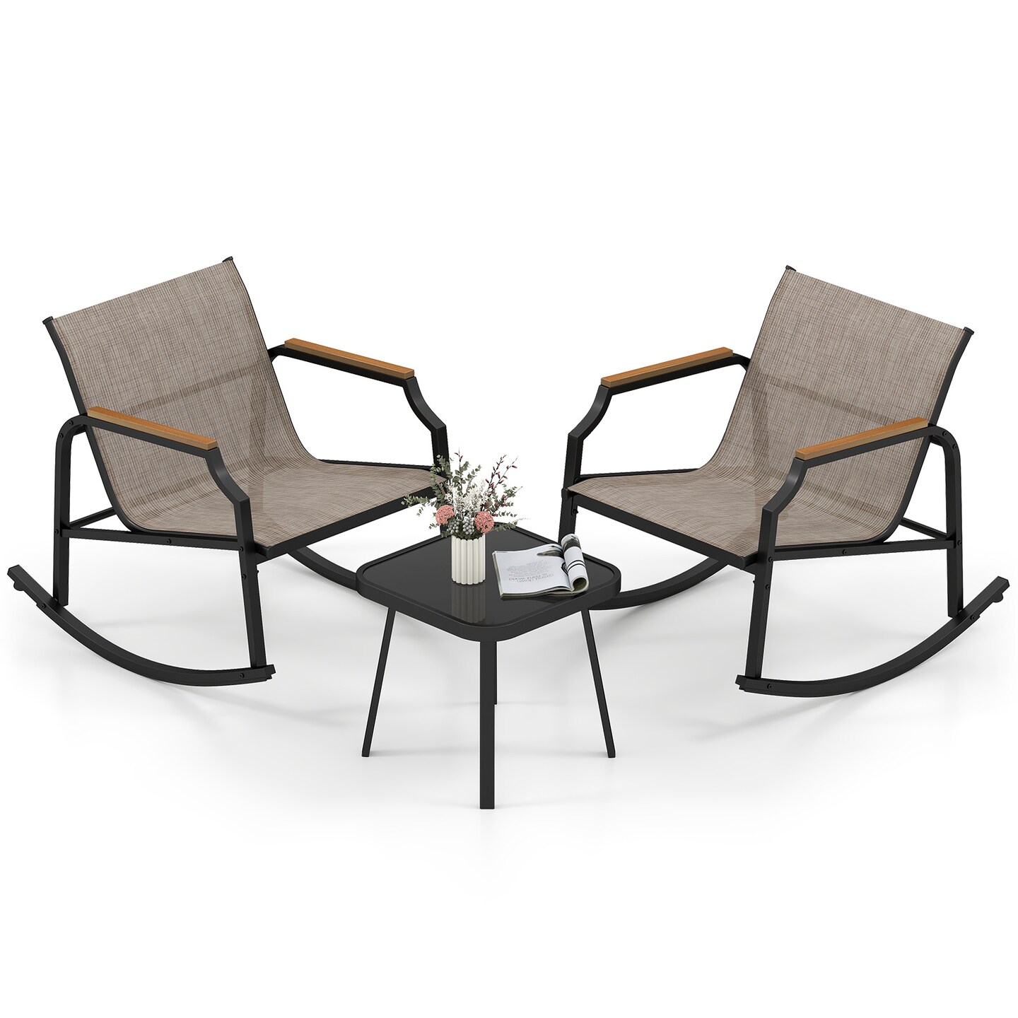 3-Piece Patio Rocking Bistro Set Black &#x26; Brown Metal Chairs with Quick-Dry Fabric